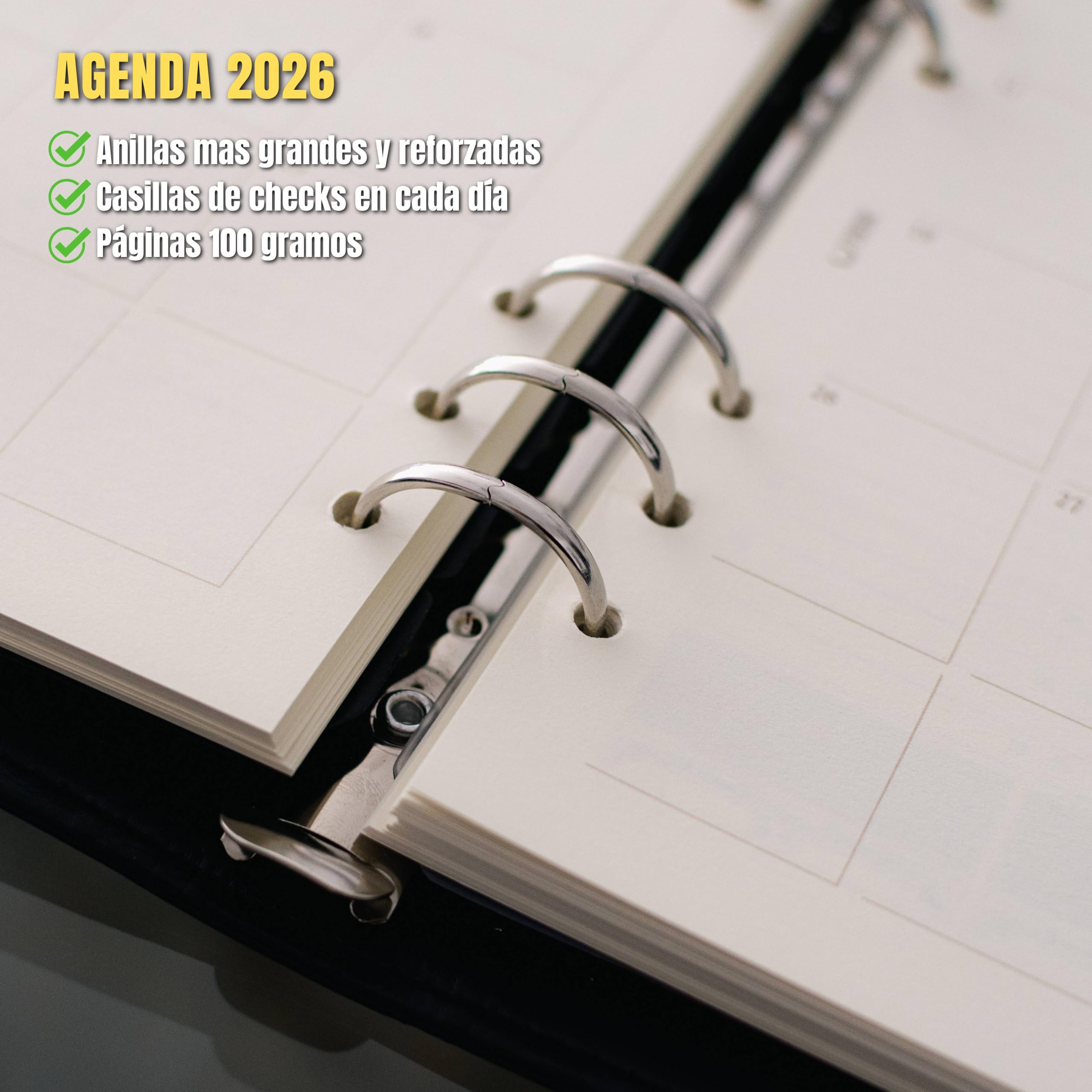 Agenda 2025 settimana vista 6 anelli MONTBLANC in pelle vegana e copertina rigida. Include penna, supporto e tasca mobile. Organizzatore settimanale A5 fogli crema, agenda giornaliera 365 giorni