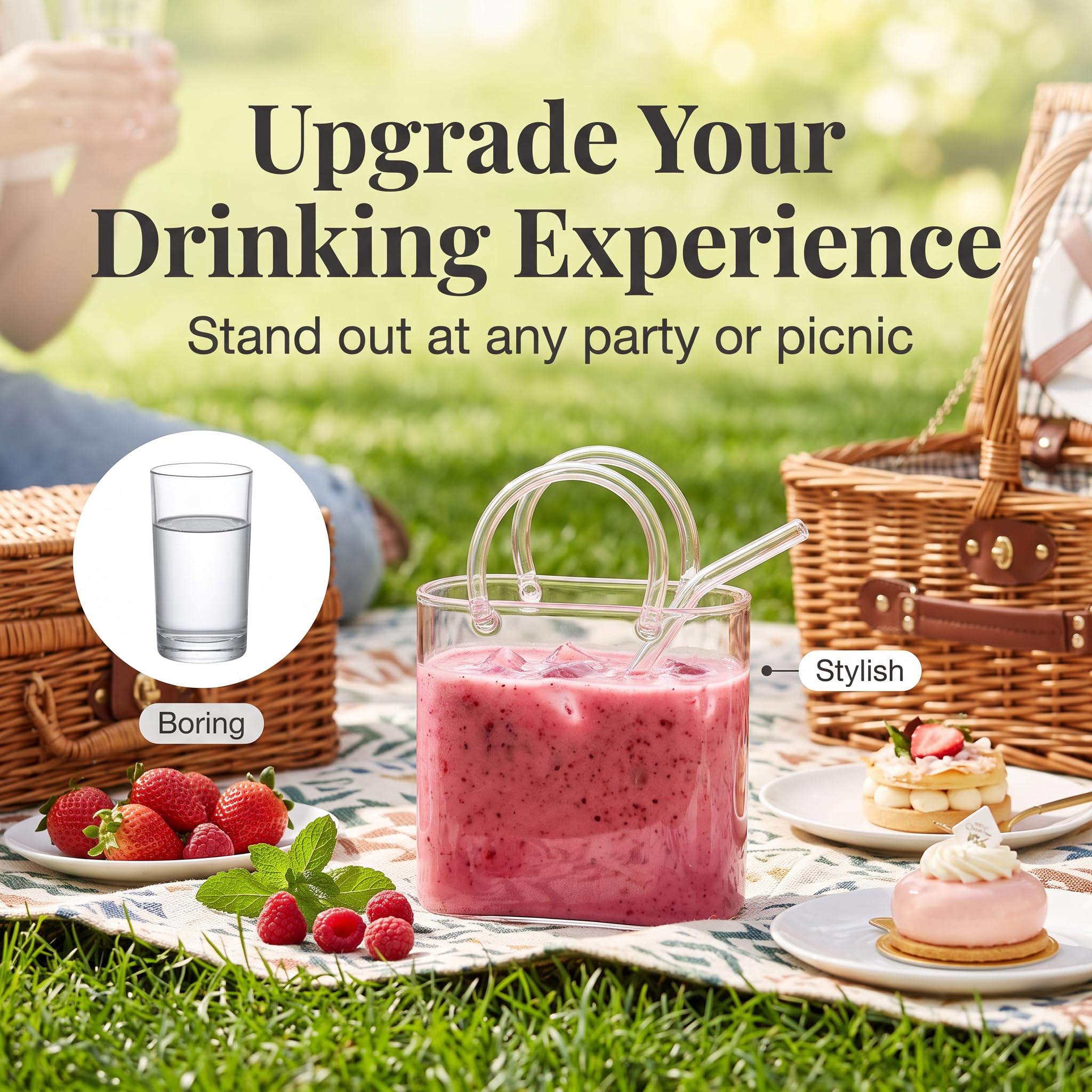 Verre Sac à Main avec Paille, 770ml Verre Cocktail Forme de Sac à Main, Grand Verre Transparent pour Jus, Thé, Café, Smoothie et Composition Florale pour Maison, Bureau et Fête