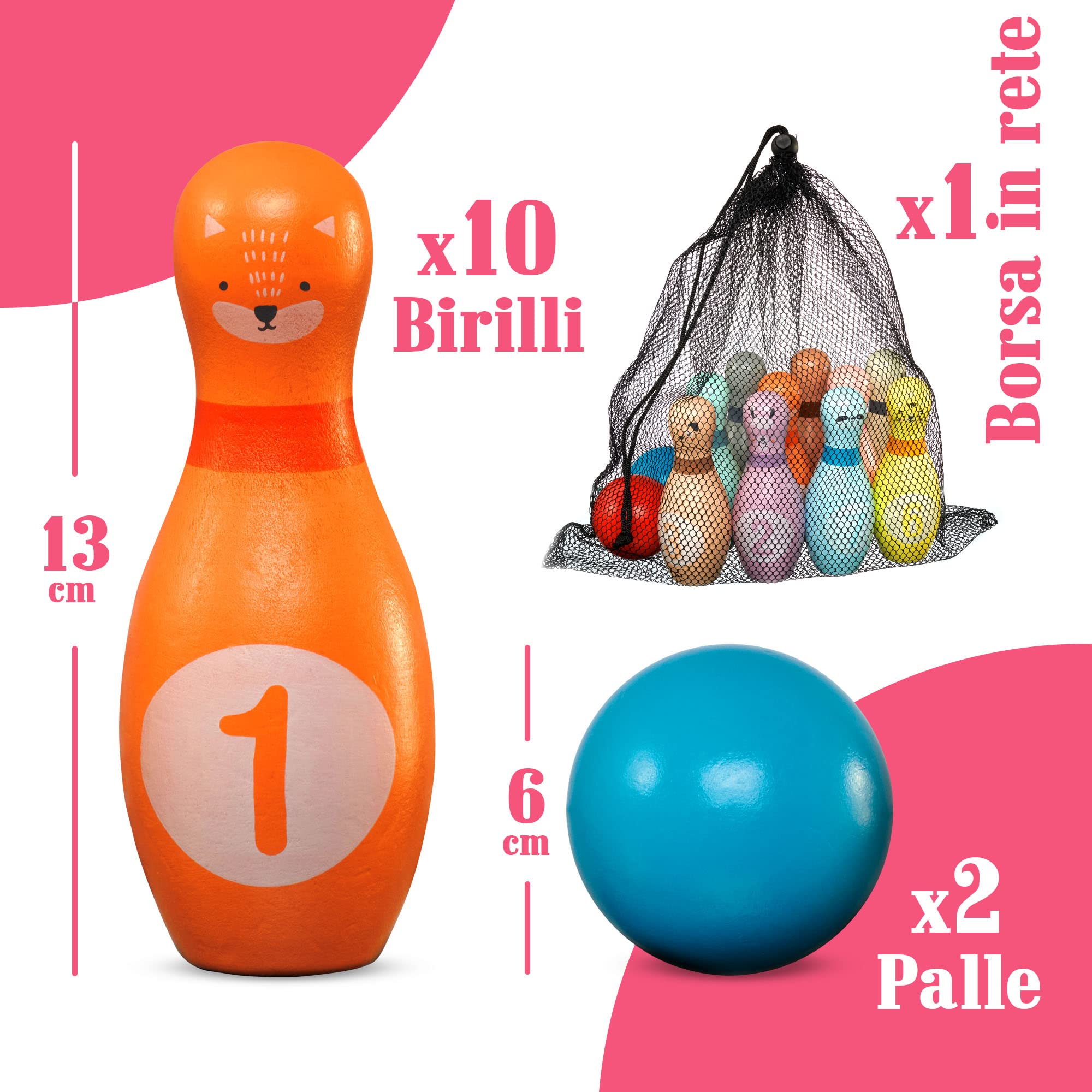 Pink Papaya Birilli Bowling per Bambini | Set da 12 Pezzi per Maschi e Femmine | Giochi in Legno Certificato FSC | Giocattoli da Interno ed Esterno | Giochi Educativi