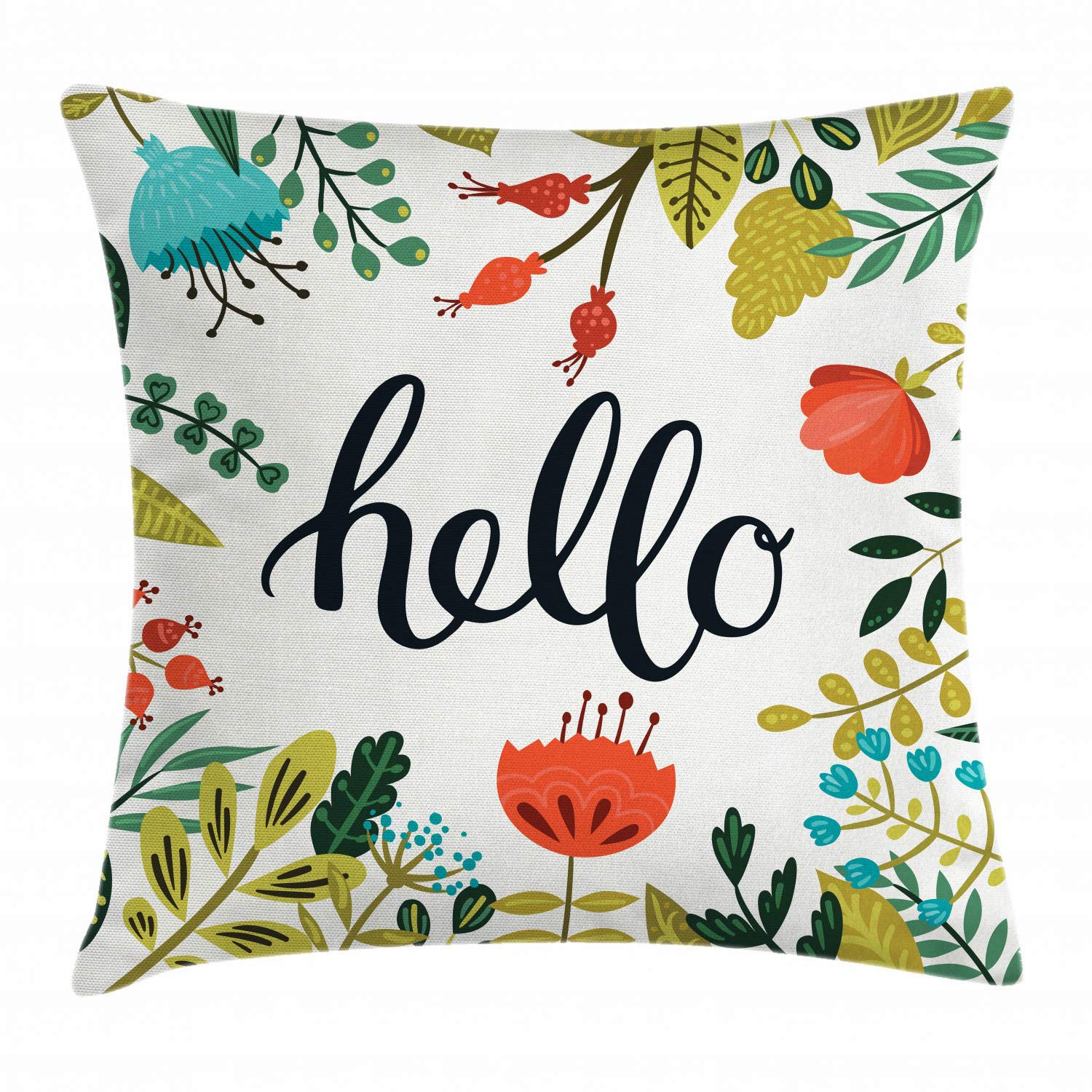 Ambesonne Hello Throw Pillow Cushion Cover Brush Lettering Calligraphy Print of Hello Colorful Floral Background Decorative Square Accent Pillow Case for Home and House 18" X 18", Charcoal and White