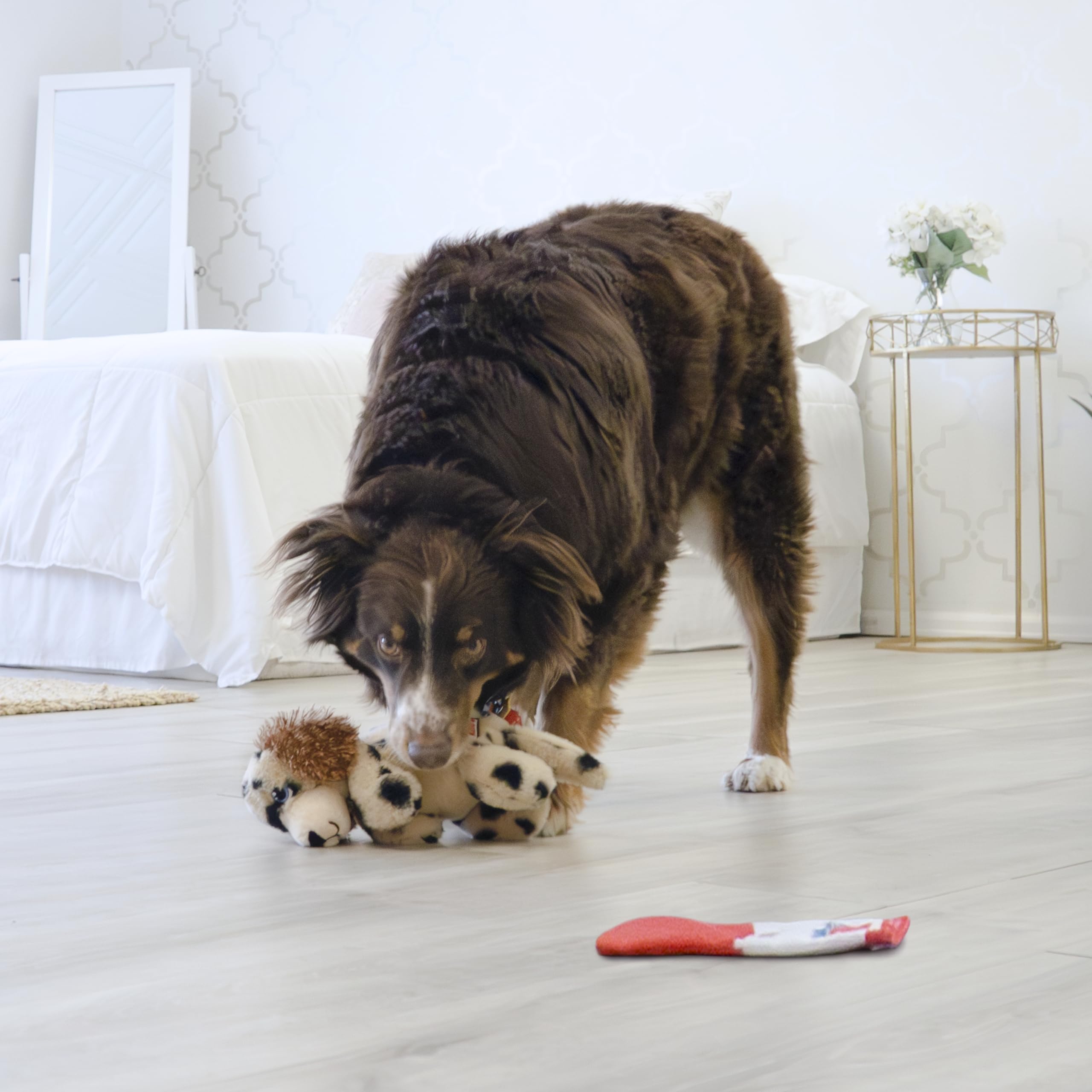 KONG Comfort Pups Low Stuffing Plush Fur and Crinkly Noise with Squeaker (Medium, Spot) - Image 3