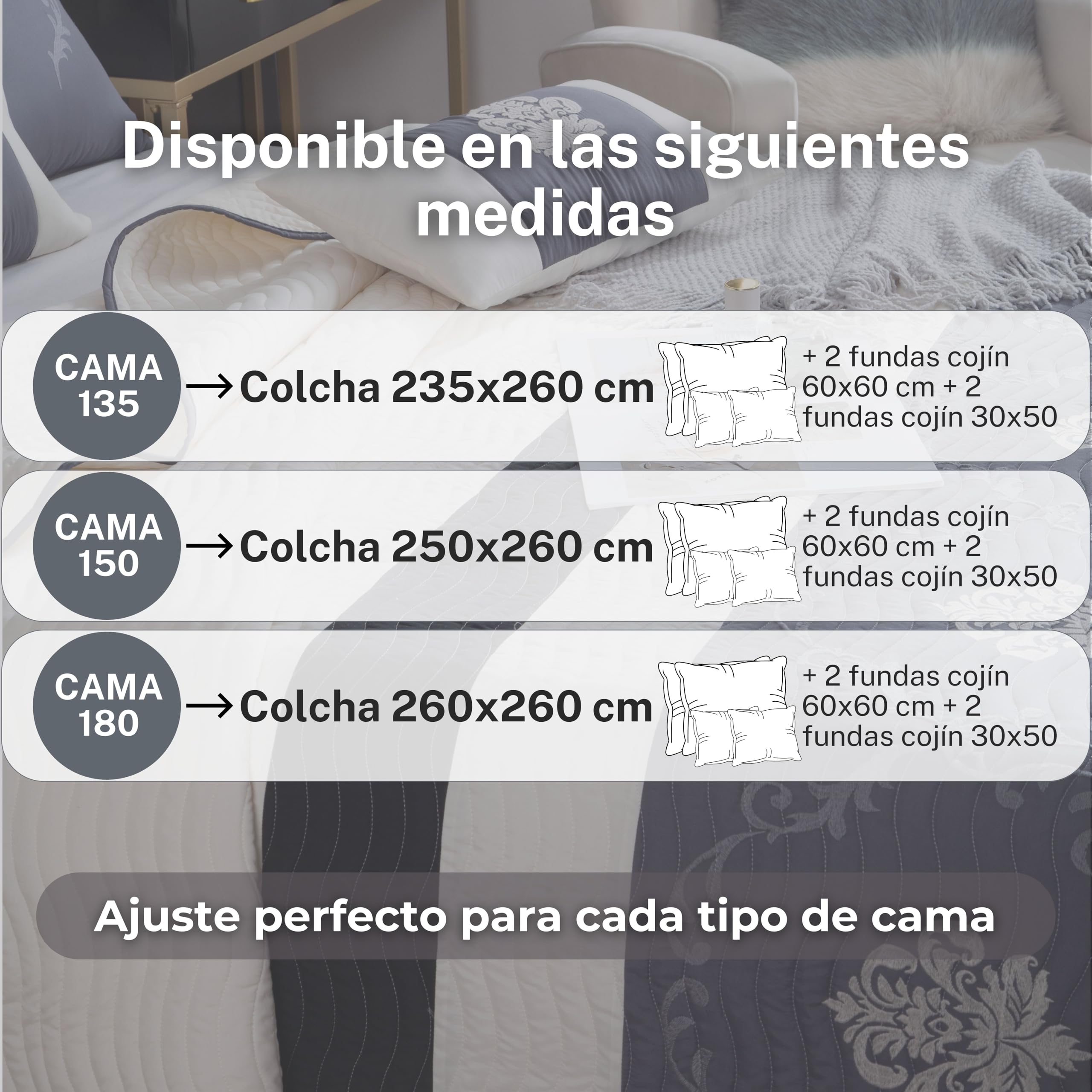 Colcha Boutí Bordada Cama 150 (250x260) para Verano y Entretiempo - 100% Microfibra Suave – Cubrecama Moderno Multiusos Ligero y Transpirable - Incluye 4 Fundas Cojín (2*60x60 + 2*30x50) (Venezuela)