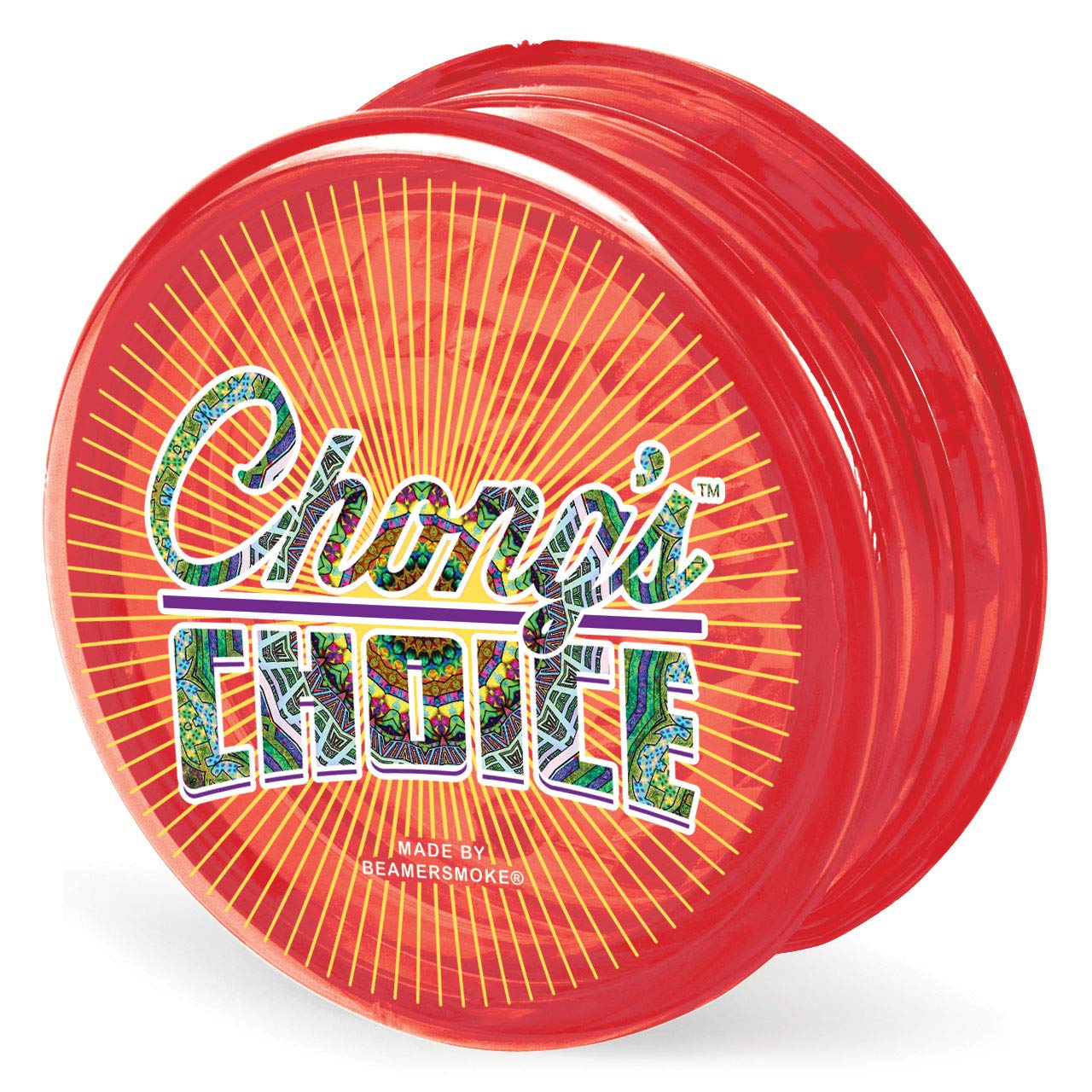 Chong’s Choice 3-Piece 63mm Acrylic Grinder - Transparent Red Color + Beamer Smoke Sticker