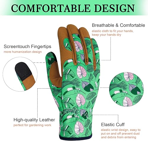 Miniatura 10 de Guantes de jardinería de cuero para mujer, a prueba de espinas, guantes de jardín para pantalla táctil, guantes de trabajo, regalos, L