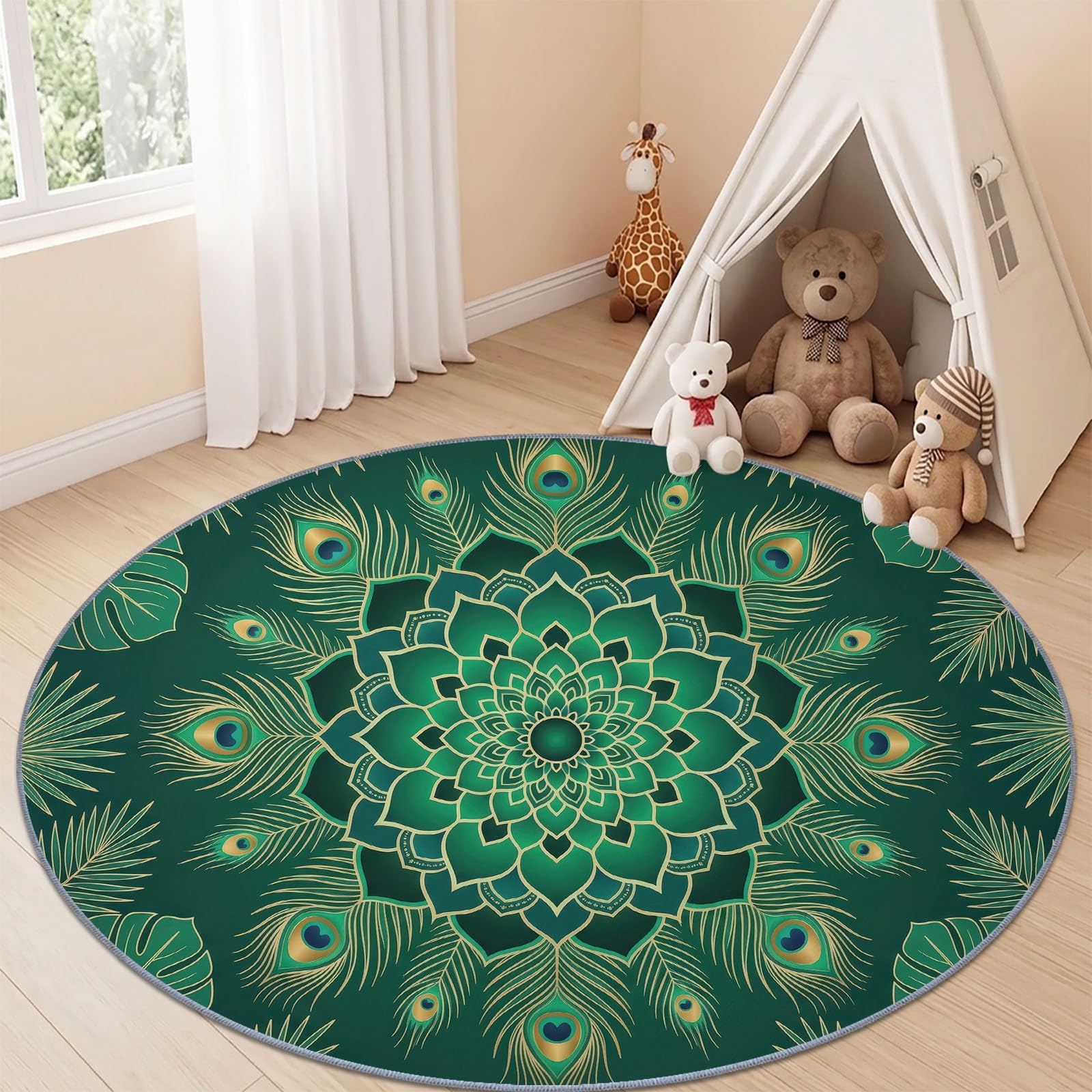 Mandala Tapis Rond Salon 150 cm, Plantes Tropicales Feuilles De Palmier Plumes De Paon Antidérapant Poils Courts Tapis De Sol Ronds Décoration, pour Salon Chambre Cuisine Balcon Terrasse, Vert