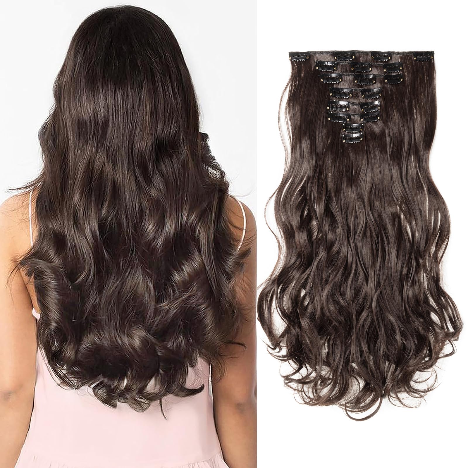 SEGOHAIR Hair Extensions Clip in 8Pcs 18 Clips Synthetic Fiber Seamless 17" Long Curl Full Head -Dark Brown
