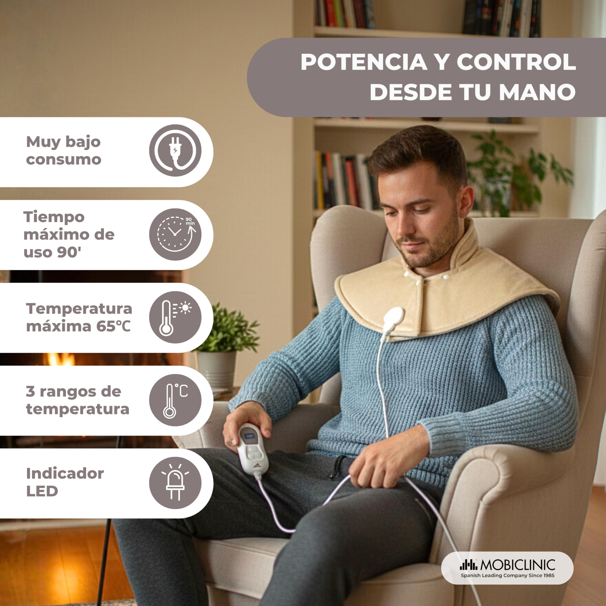 Mobiclinic, Almohadilla cervical, Eléctrica, 3 rangos de temperatura, Apagado automático, Muy bajo consumo, 100w, Marca española, Protección por sobrecalentamiento, Lavable, Para cuello, 62x60cm