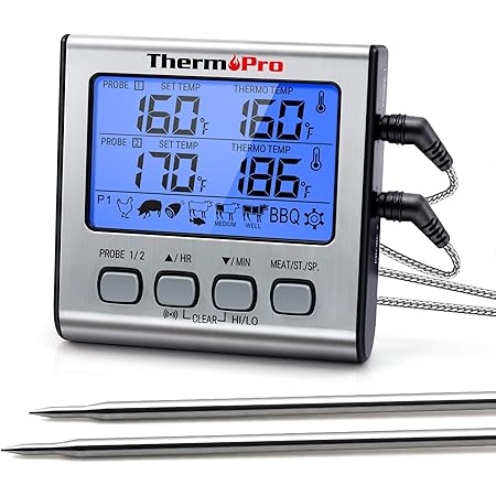 ThermoPro TP17 Digitales Grill-Thermometer Bratenthermometer Fleischthermometer Ofenthermometer mit Timer, Zwei Edelstahlsonden, Blaue Hinterbeleuchtung, Temperaturbereich bis 300°C