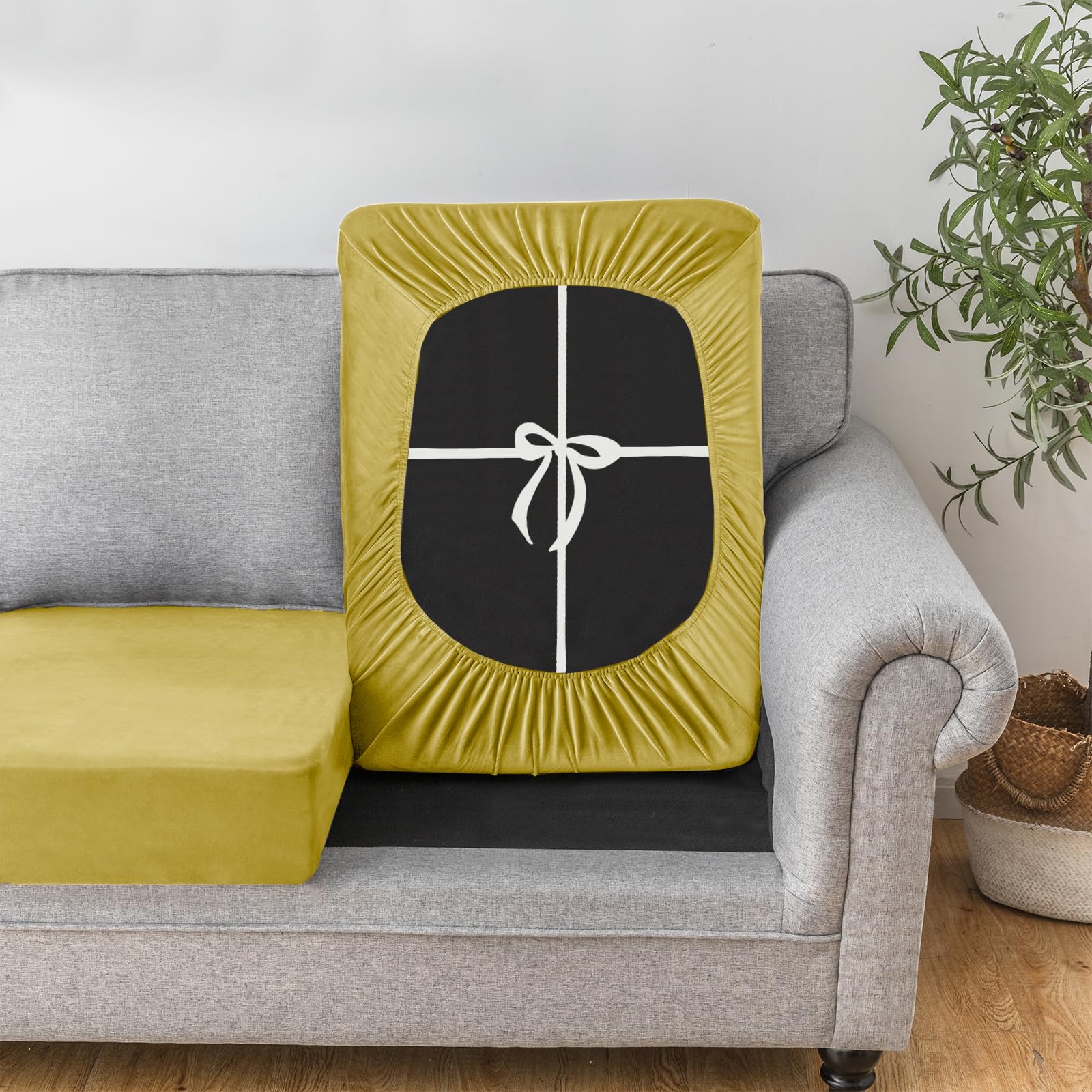UNBBRRL Sofa Cushion Cover Stretch Velvet, Removable Sofa Seat Cushion Cover With Ties, Sofa/Couch/Settee Covers Furniture Protector replacement (lemon,W(160-220cm),D(65-90cm)) โ image 1