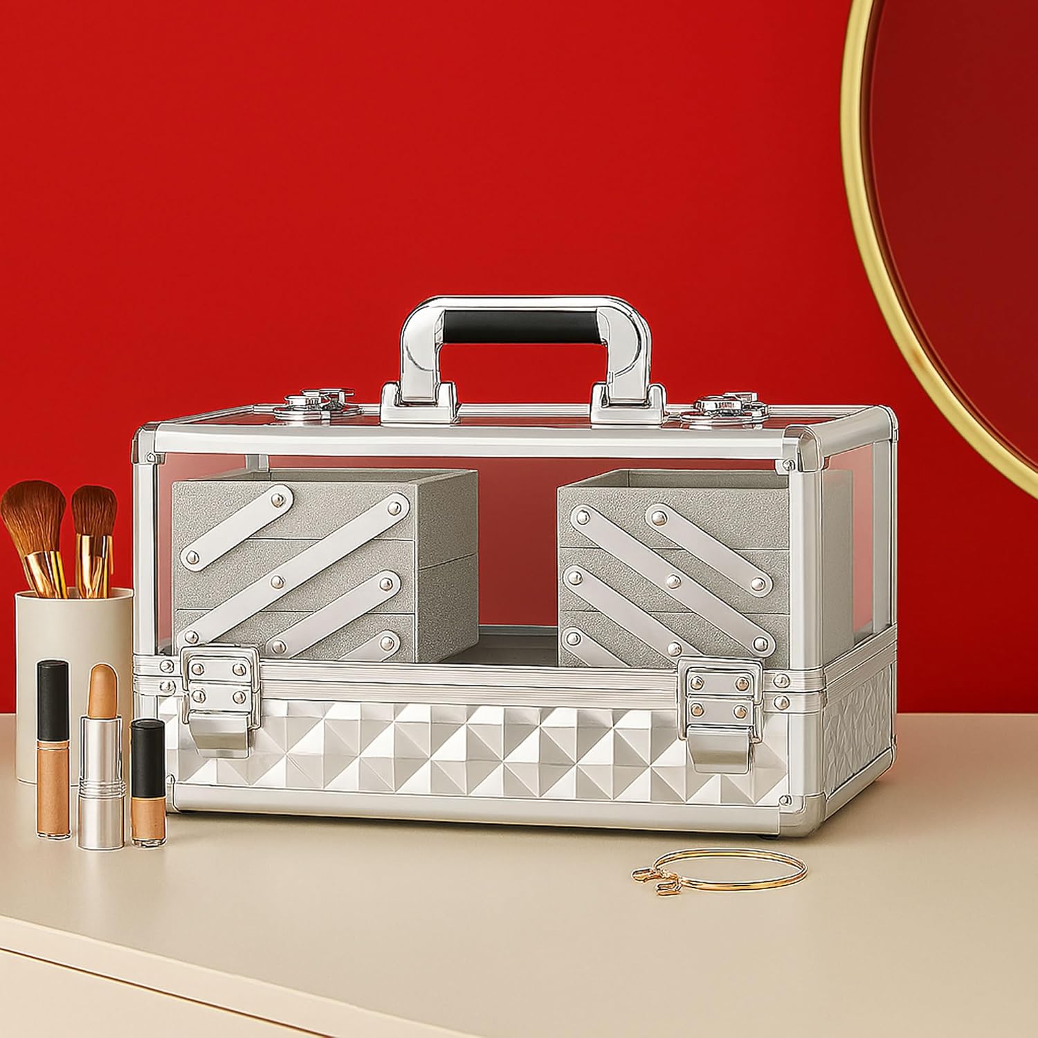 Ver Beauty Silver Diamond Makeup Train Case with 6 Accordion Trays – Lockable Cosmetic Organizer with Spacious Interior & Clear Acrylic Top
