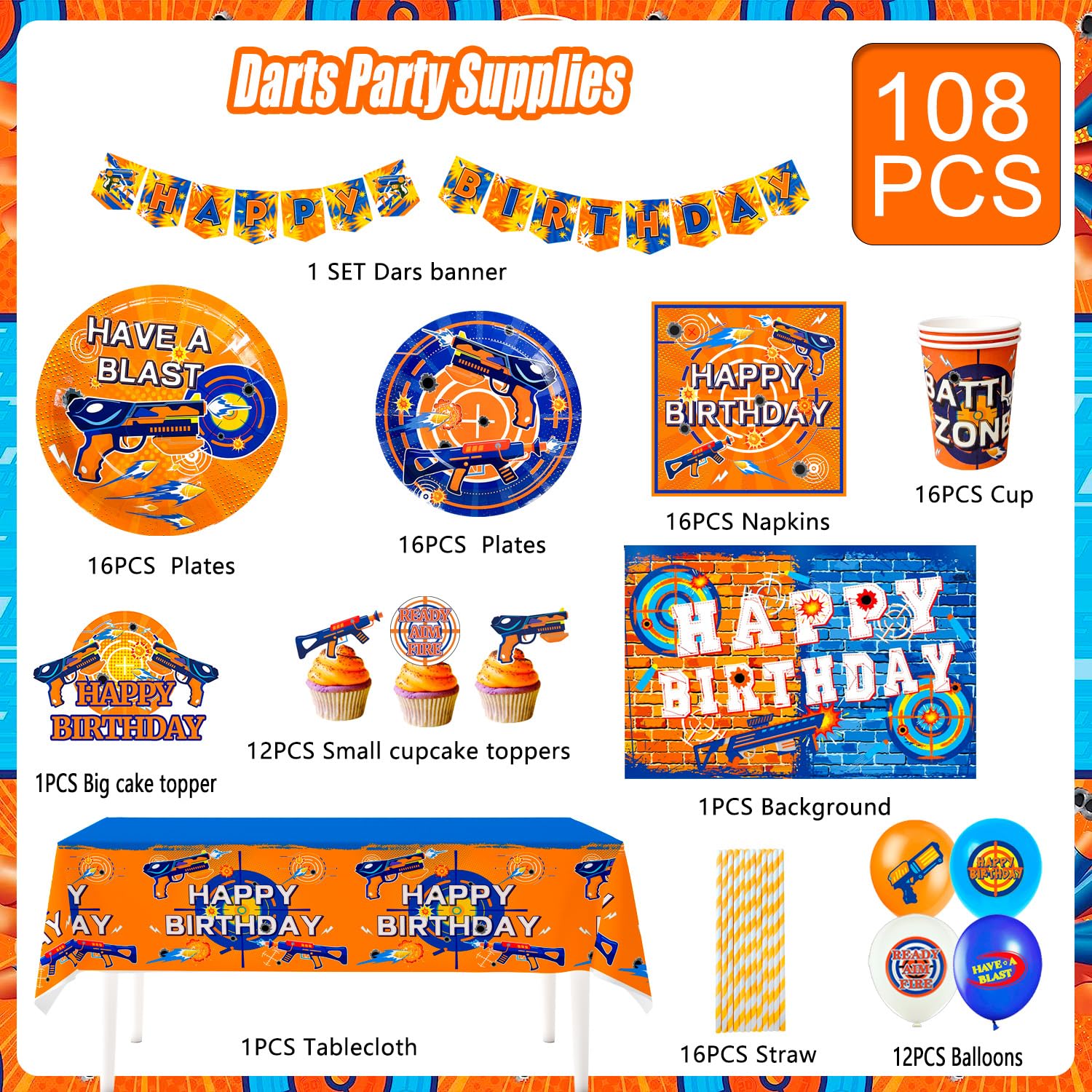 Forniture per Feste di Compleanno di Dart Tema, 16Ospiti Decorazioni e Stoviglie per Feste a Tema Freccette - Tovaglie Piatti Striscioni Palloncini e Altre Decorazioni per Compleanni