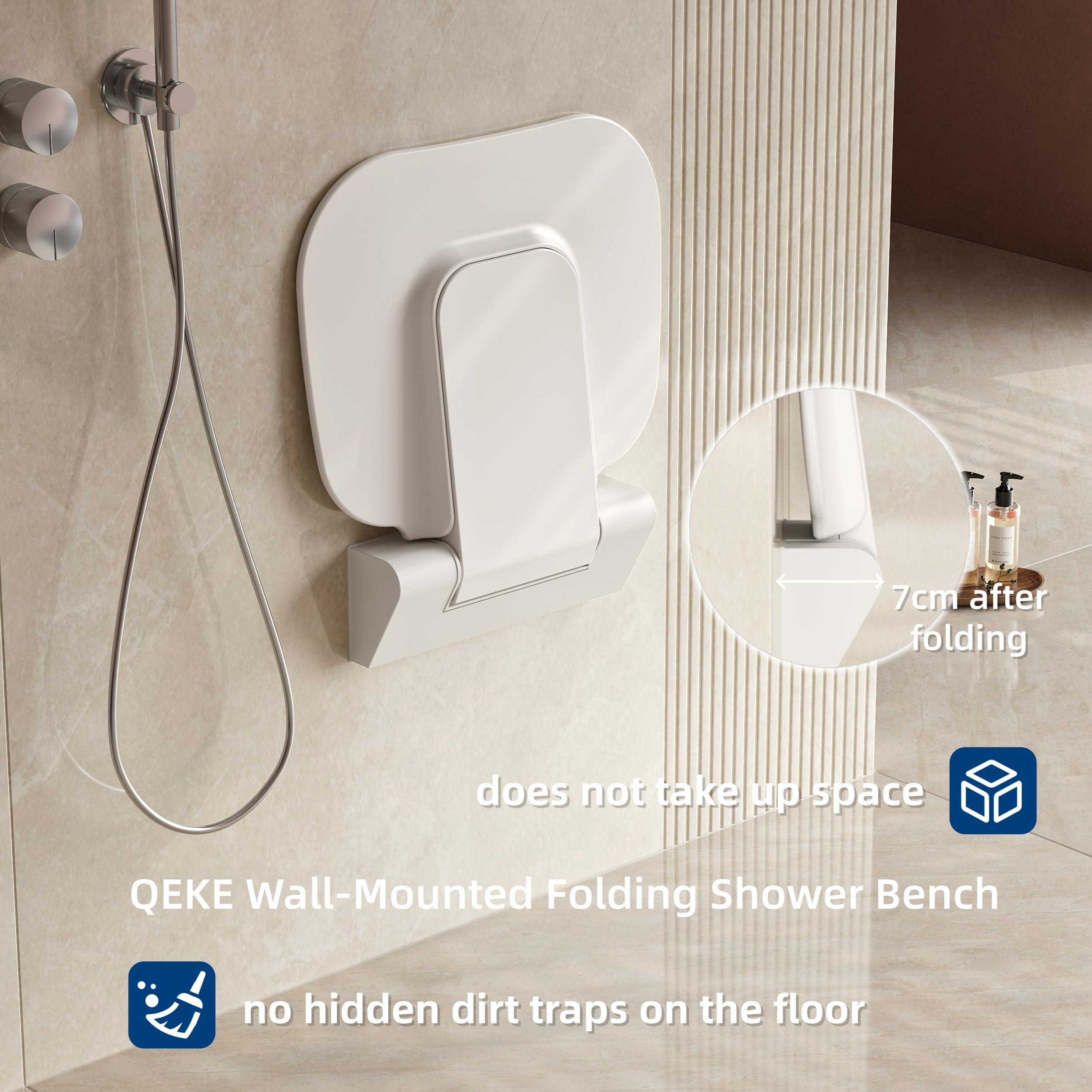 QEKE Asiento de ducha plegable en la pared, taburete de ducha plegable para montaje en pared, silla para baño, 200 kg, color blanco