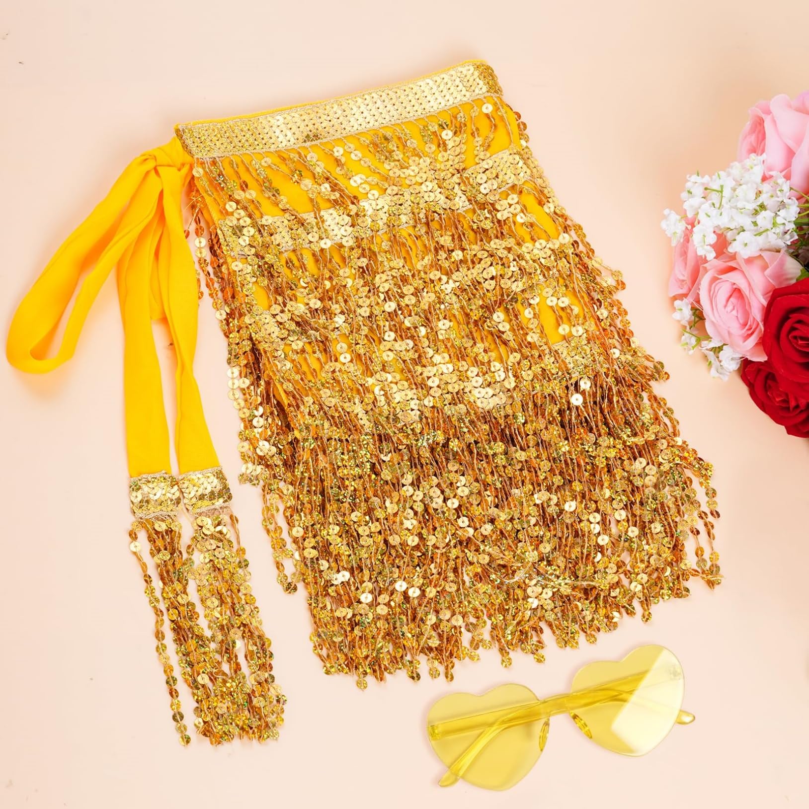 Falda brillante para mujer, falda con flecos, con gafas hippie, mini falda latina corta, disfraz de danza del vientre, disfraz de rave para mujeres y niñas