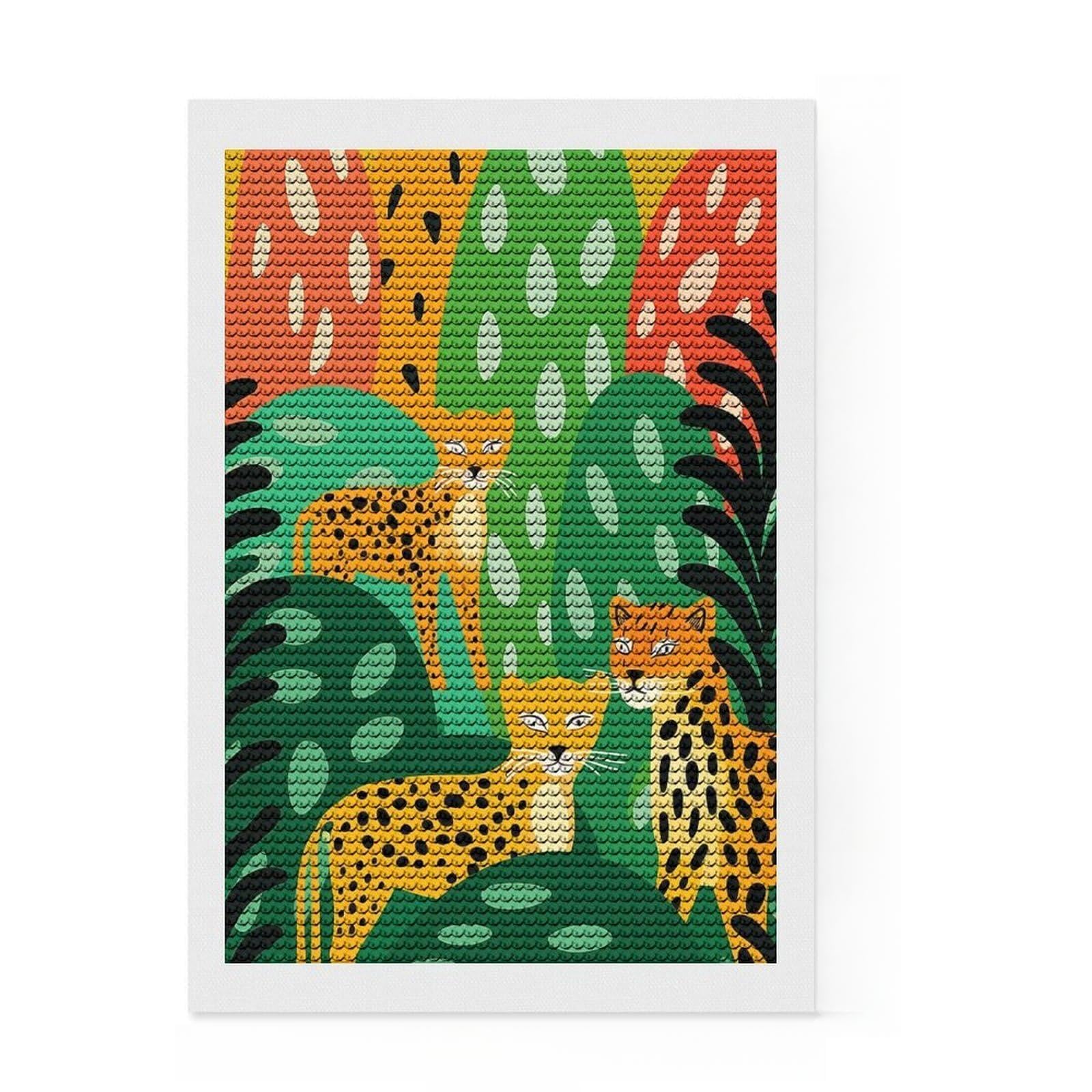 Junmoney Leopards Gazing DIY Diamond Art Canvas Kit 8"x12", Mindful Craft Activity, Calming Craft to Unwind, Vintage Style Decor