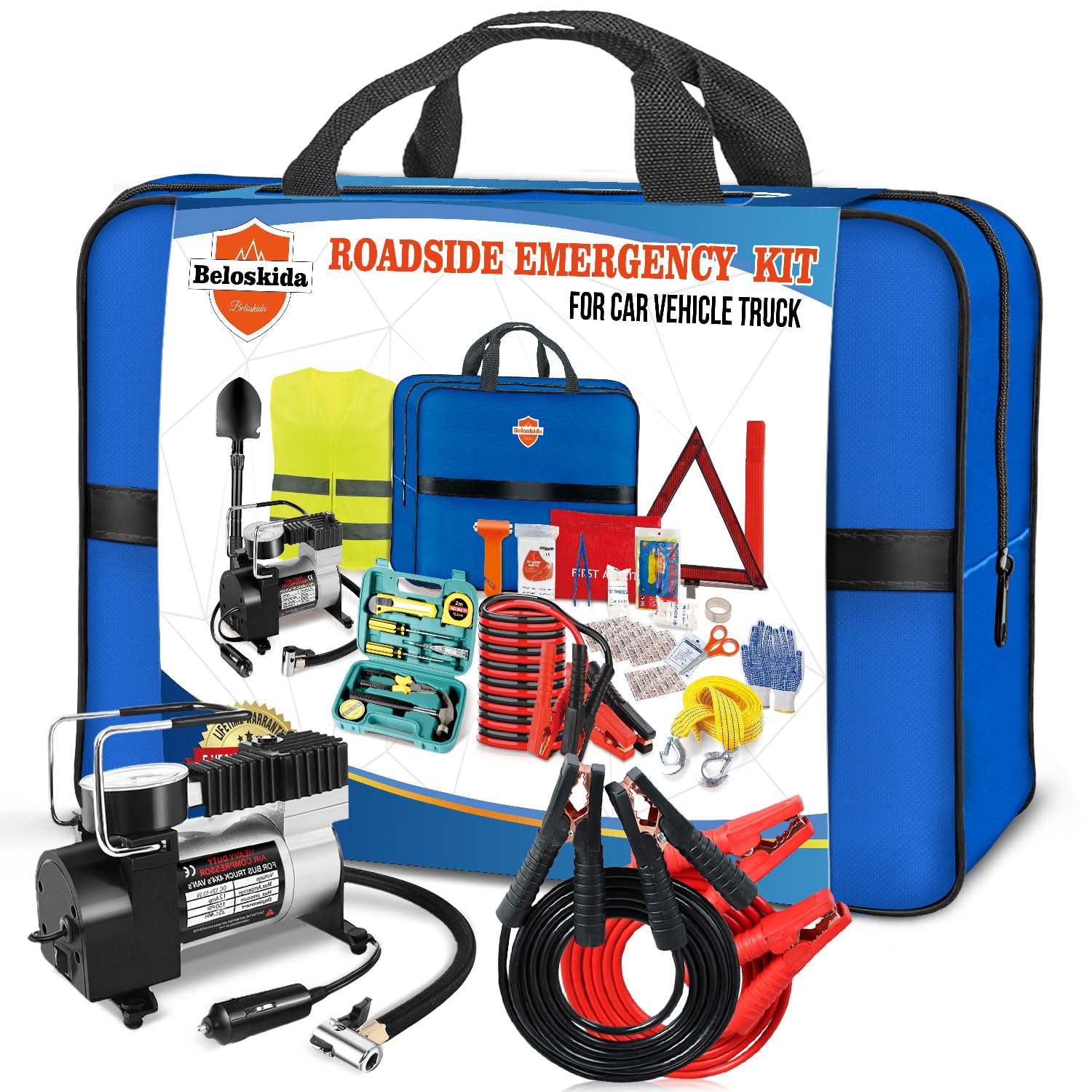Emergency Car Kit,Roadside Emergency Tool Kit for Vehicle Truck with Air Compressor Jumper Cable First Aid Kit,Winter Auto Road Side Kit Women Men Car Travel Safety Assistance Survival Essentials Kit