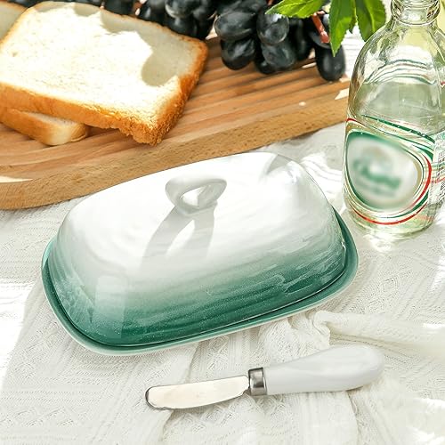 Miniatura 7 de Hasense Mantequillera con tapa, soporte de mantequilla de cerámica con cubierta de asa, contenedor de mantequilla de 7.3 pulgadas para encimera,
