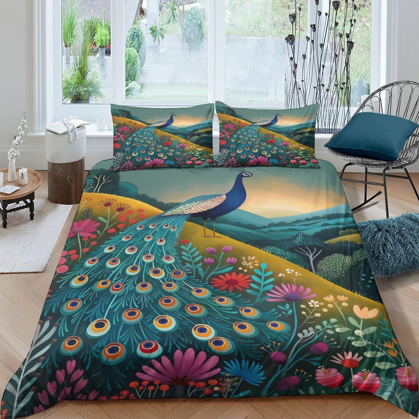 NRAOPEVVD Peacock Duvet Cover 3 PCS Hotel Quality Quilt Cover Bedding Sets Bed Covers with Pillowcases with Zipper Closure Ultra Soft Hypoallergenic Microfiber King（220x240cm）