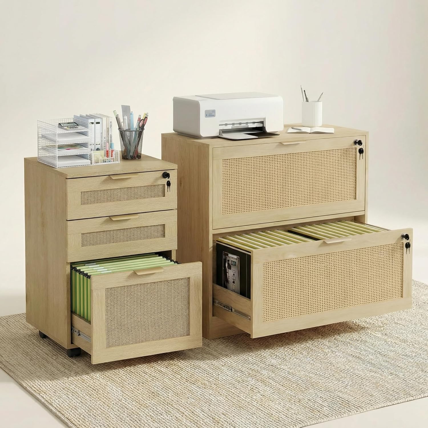 Lateral File Cabinets for Home Office, 3 Drawer Filing Cabinet with Lock, Rattan Filing Organization Storage Cabinets with Printer Stand for Hanging Files/Letter/Legal/A4/F4 Size, Natural Wood