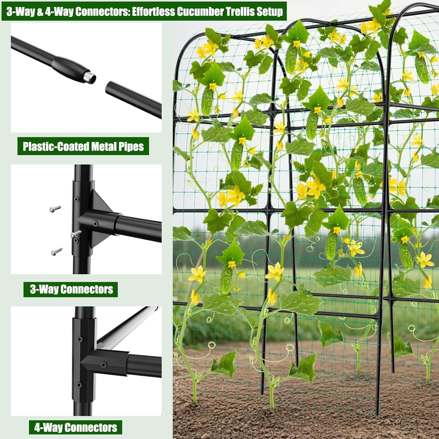 7.2FT Cucumber Trellis for Raised Bed, Garden Arch Trellis with Net, Rustproof Metal Plant Support for Climbing Plants Outdoor, Tomato Zucchini Squash Bean Pea Melon Vine, Rose Flower Garden Arbor
