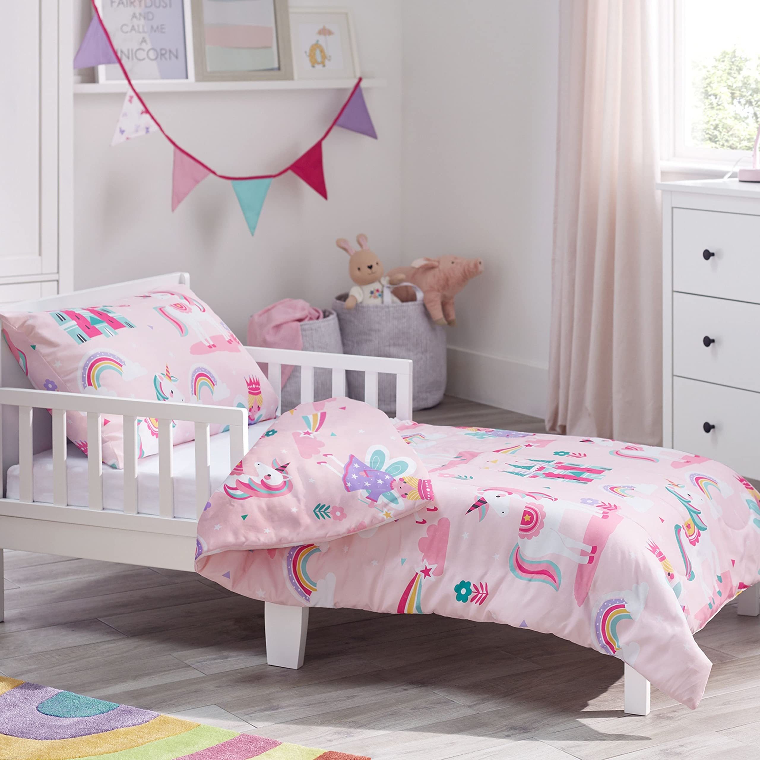 Bloomsbury Mill - Set biancheria da letto per bambini - Unicorno, Principessa e Arcobaleni - Set Copripiumino Lettino e federa per Ragazee - Lenzuola Culla per junior e bambino - Rosa -120 x 150 cm