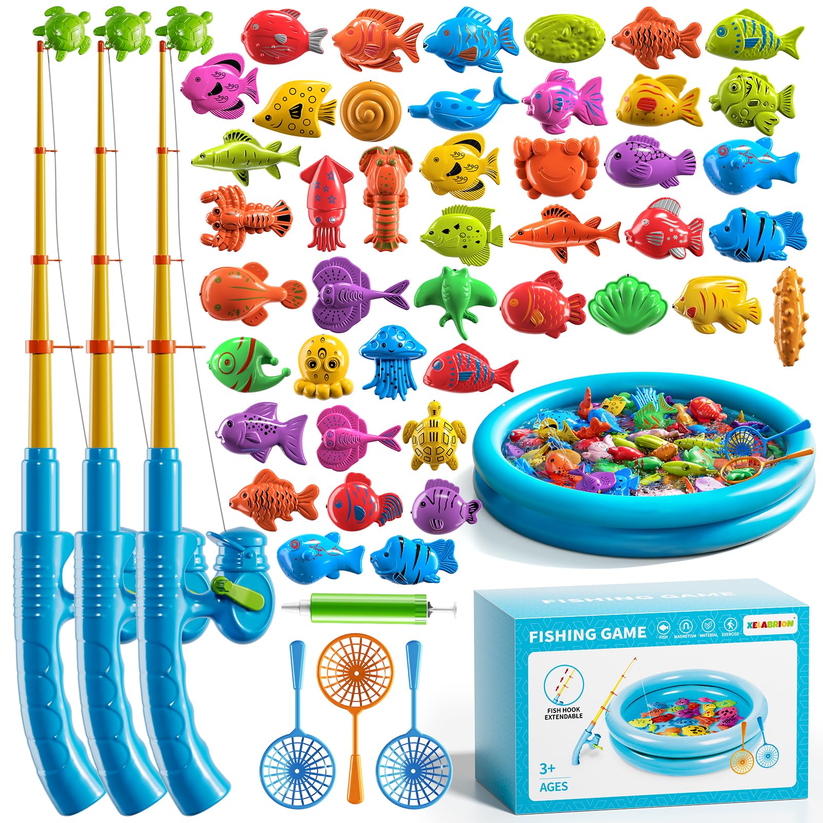 Magnetische Angel Pool Spielzeug Spiel für Kinder Kleinkinder, Bad Wassertisch Außenspielzeug mit aufblasbarem Pool, Pole Rod Netz, Bildungs Badewanne Spielzeug für das Alter 3 4 5 6 7 8