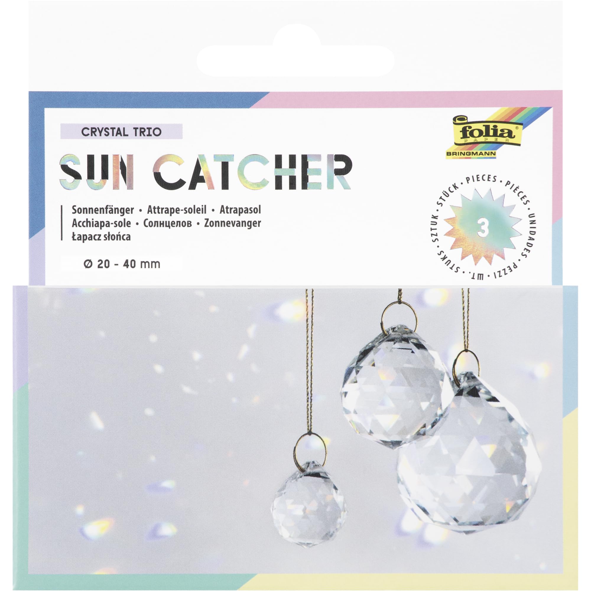 folia 23849 - Sun Catcher CRYSTAL TRIO, 3 szklane łapacze słońca, w tym 16 m metalicznej przędzy w kolorze złotym, kryształy Ø 2, 3 i 4 cm do zawieszenia