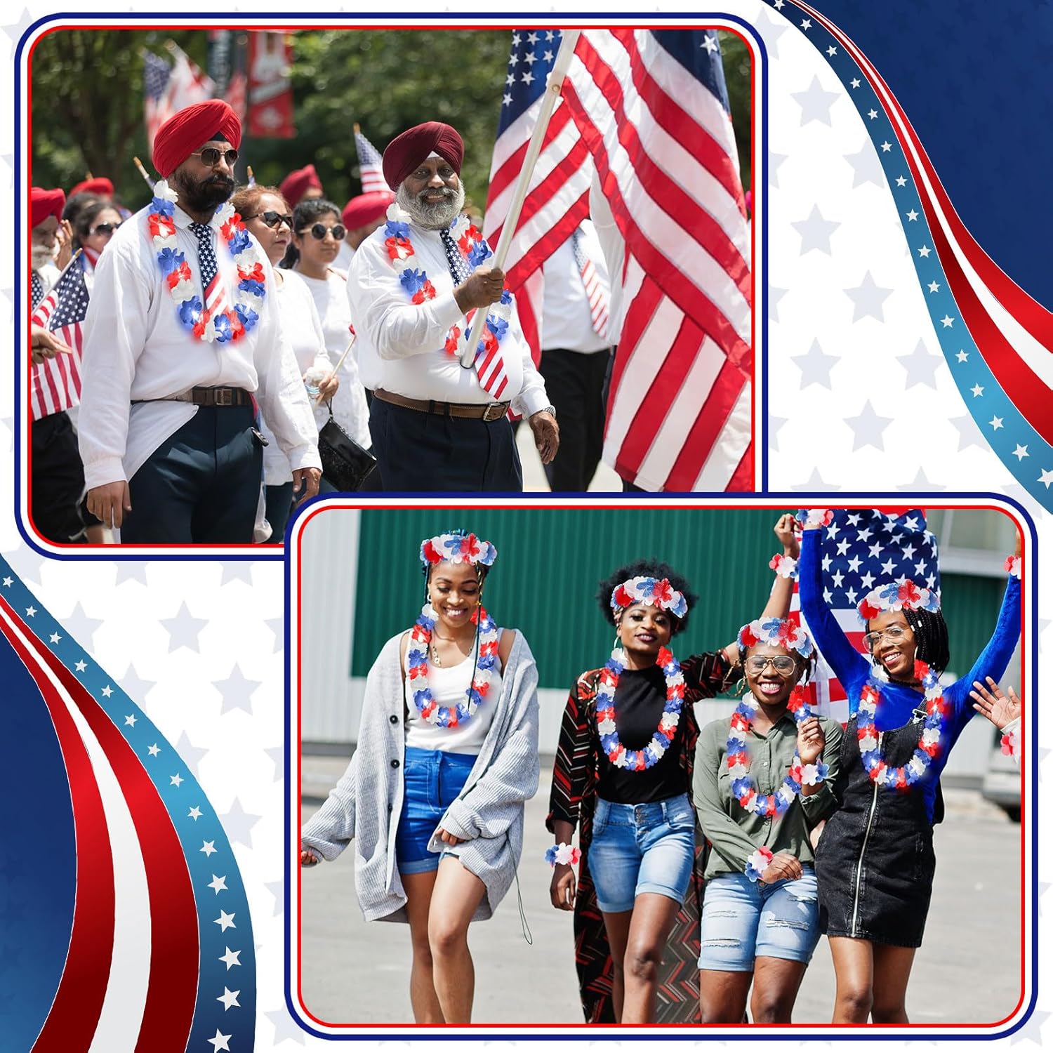 Sherr 48pcs LED 4th of July Hawaiian Leis Set Red White Blue Light up Flower Necklace Bracelets Patriotic Headband LED Leis for Memorial Decorate Wedding Beach Carnival Pride Luau Party Accessories