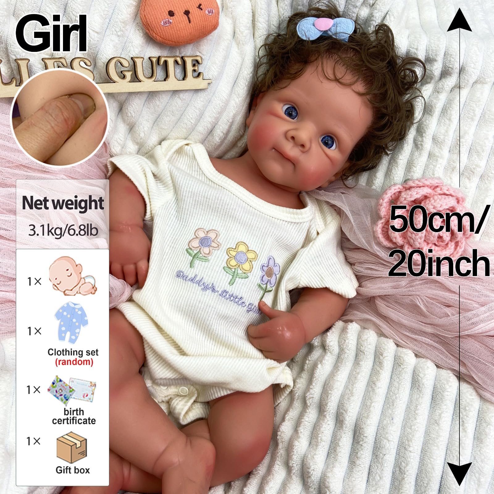Muñeca Bebé Reborn Realista Silicona 51 cm,Cabello Rizado y Peso,3,1 kg