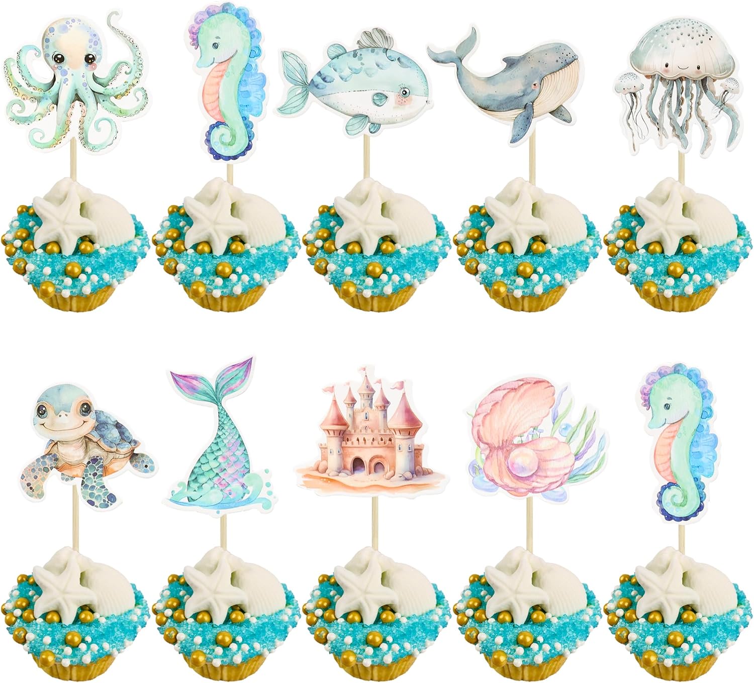 Ephlyn 36Pcs Ocean Animal Cupcake Toppers Under the Sea Animal Creature Cupcake Toothpicks Decorations for Ocean Theme Baby Shower Birthday Party Cake Decorations