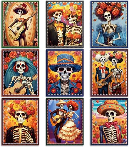 Póster del Día de los Muertos – 9 piezas de decoración del Día de los Muertos de Calavera de Azúcar Arte de pared de Calavera de Azúcar para el Día