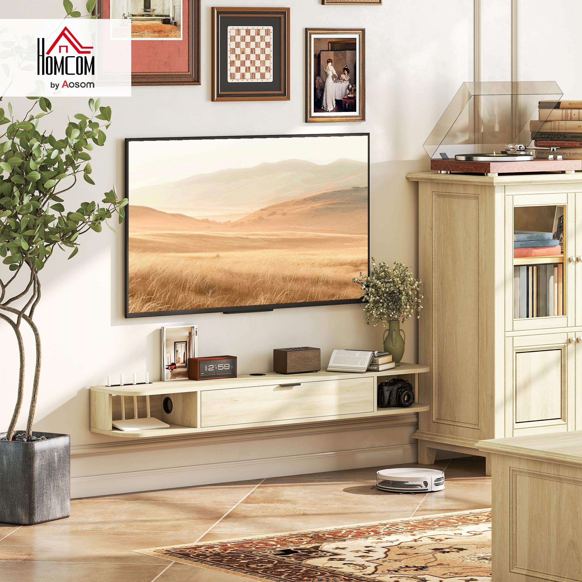 HOMCOM Mueble de TV Suspendido, Mueble de TV para Salón con Cajón Abatible, 2 Estantes Abiertos, Gestión de Cables, Estilo Moderno, para Televisión 60 Pulgadas, 140x24x16 cm, Madera Natural