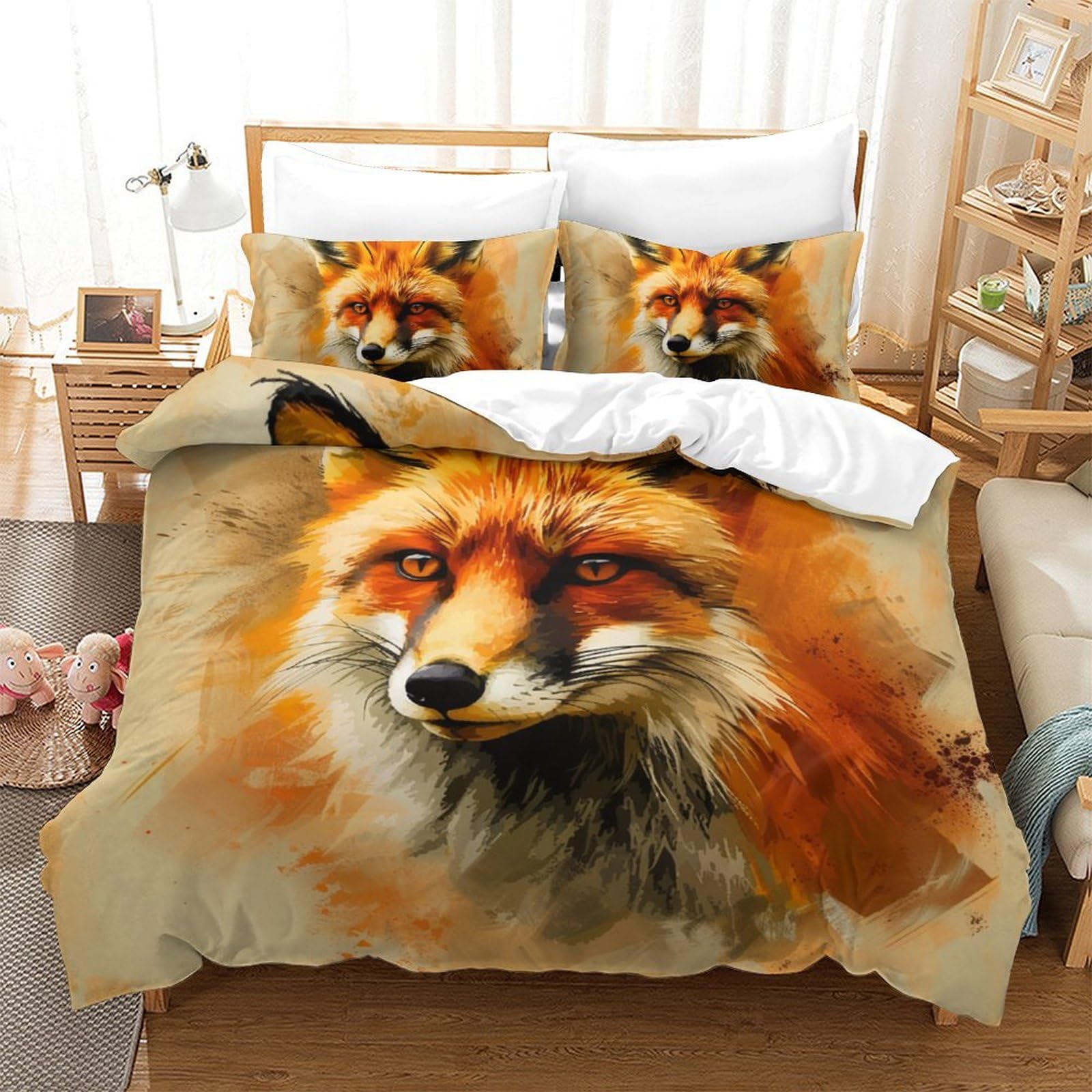 Housse de couette renard de la jungle parure de lit 3 pièces microfibre 200x200cm double