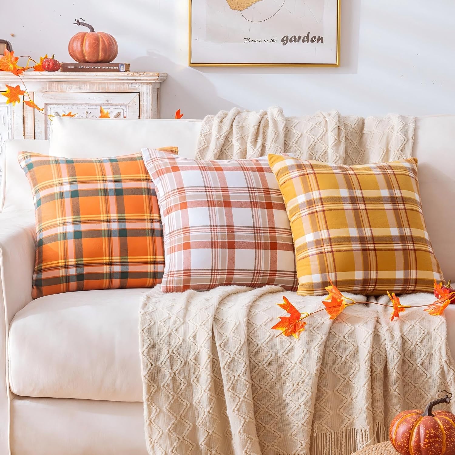 AQOTHES Fall Plaid Orange Green Throw Pillow Covers 20x20 Inch Set of 2 image 5