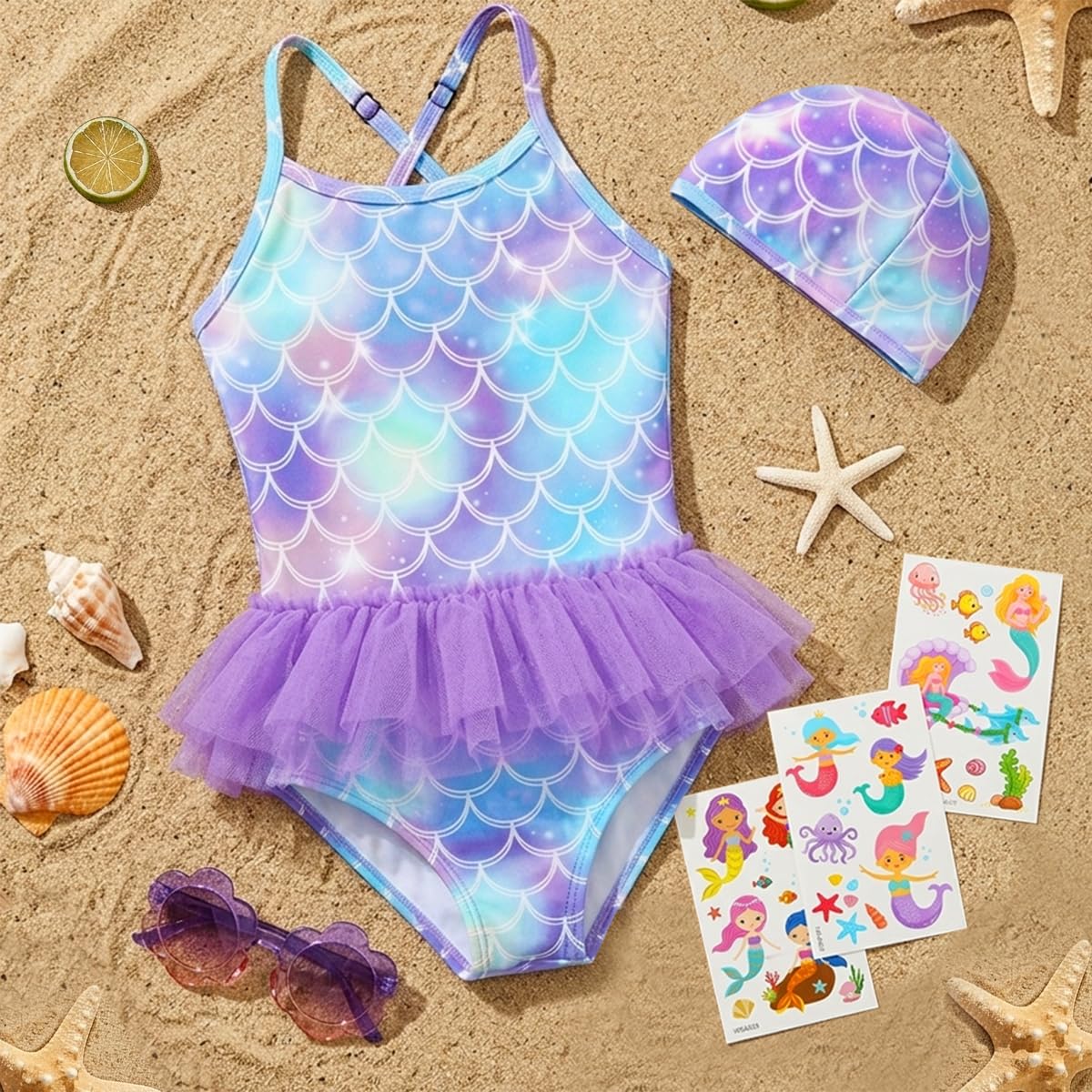 Bañador Niña, Traje de Baño de Una Pieza para Niñas 4 en 1, Ropa de Baño Sirena con Gorro, Gafas de Sol y Tatuajes, Tirantes Ajustables, Ideal para Playa y Piscina, Natación Verano