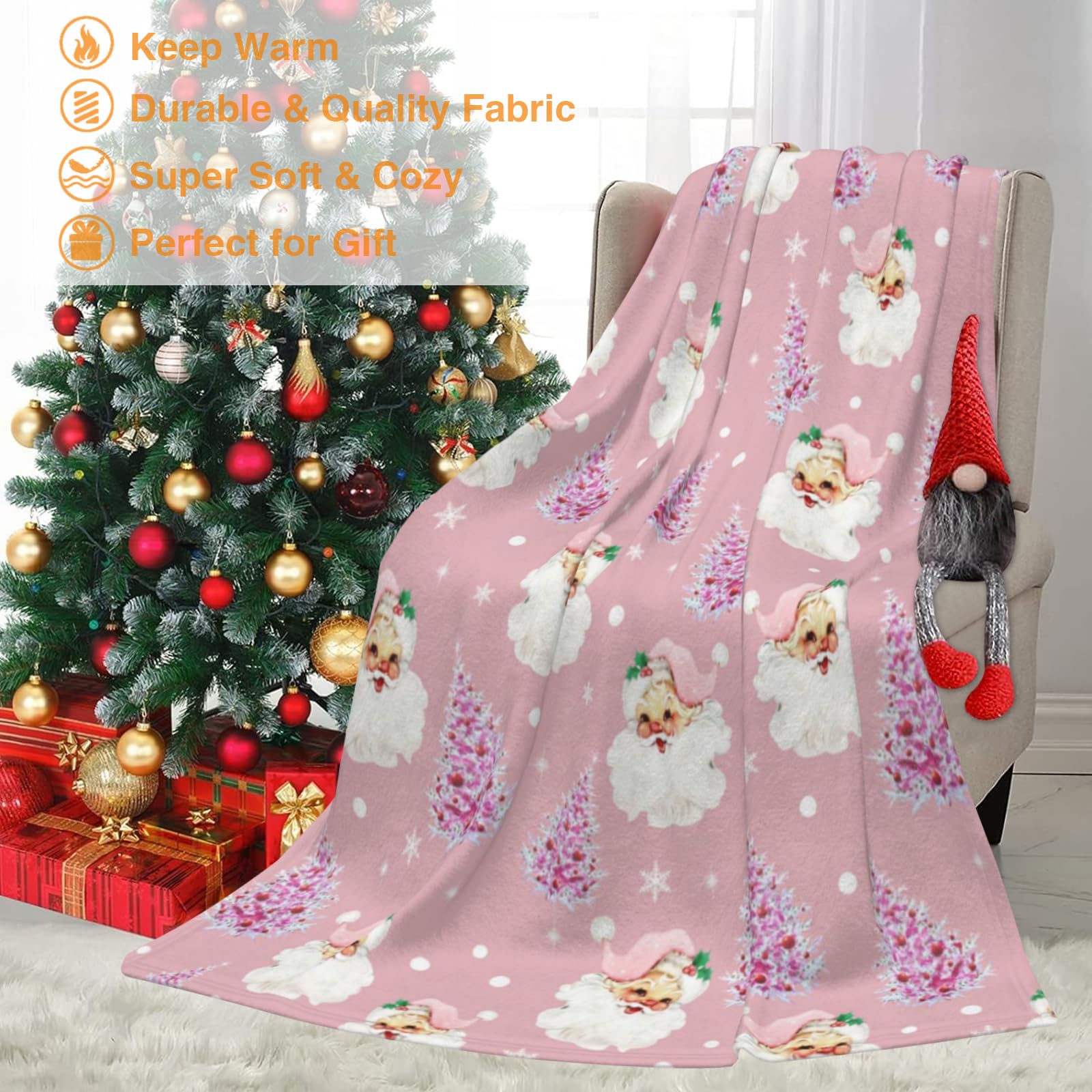 JOOCAR Pink Christmas Throw Blanket Santa Claus Merry Christmas Happy New Year Blanket Cozy Soft Lightweight Flannel Plush Blankets for Bed Couch Living Room Sofa Chair,40x50 Inch - Image 4