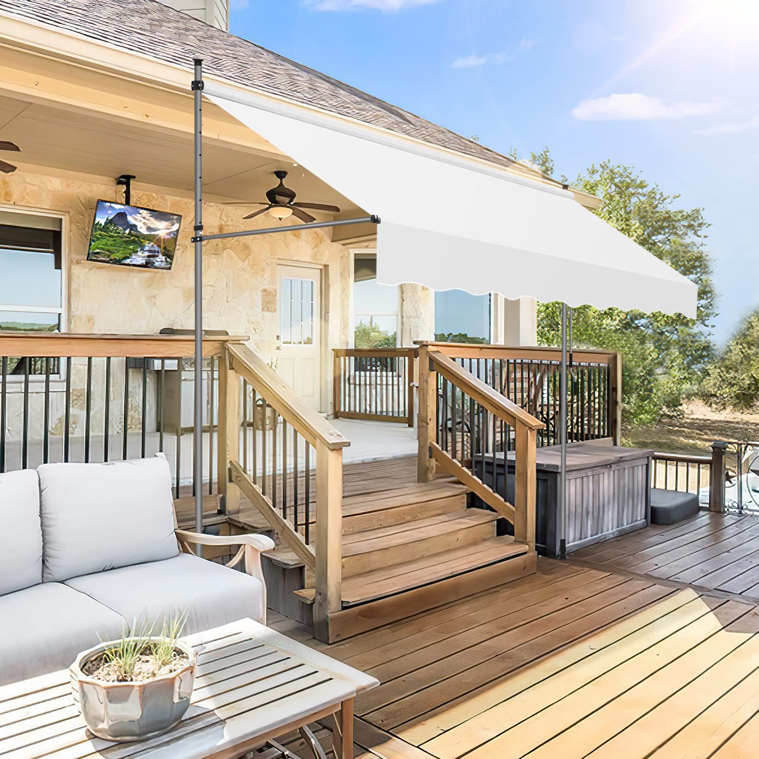 Store de balcon sans perçage, avec manivelle, hauteur réglable, résistant aux UV et imperméable, pour terrasse, balcon, blanc laiteux