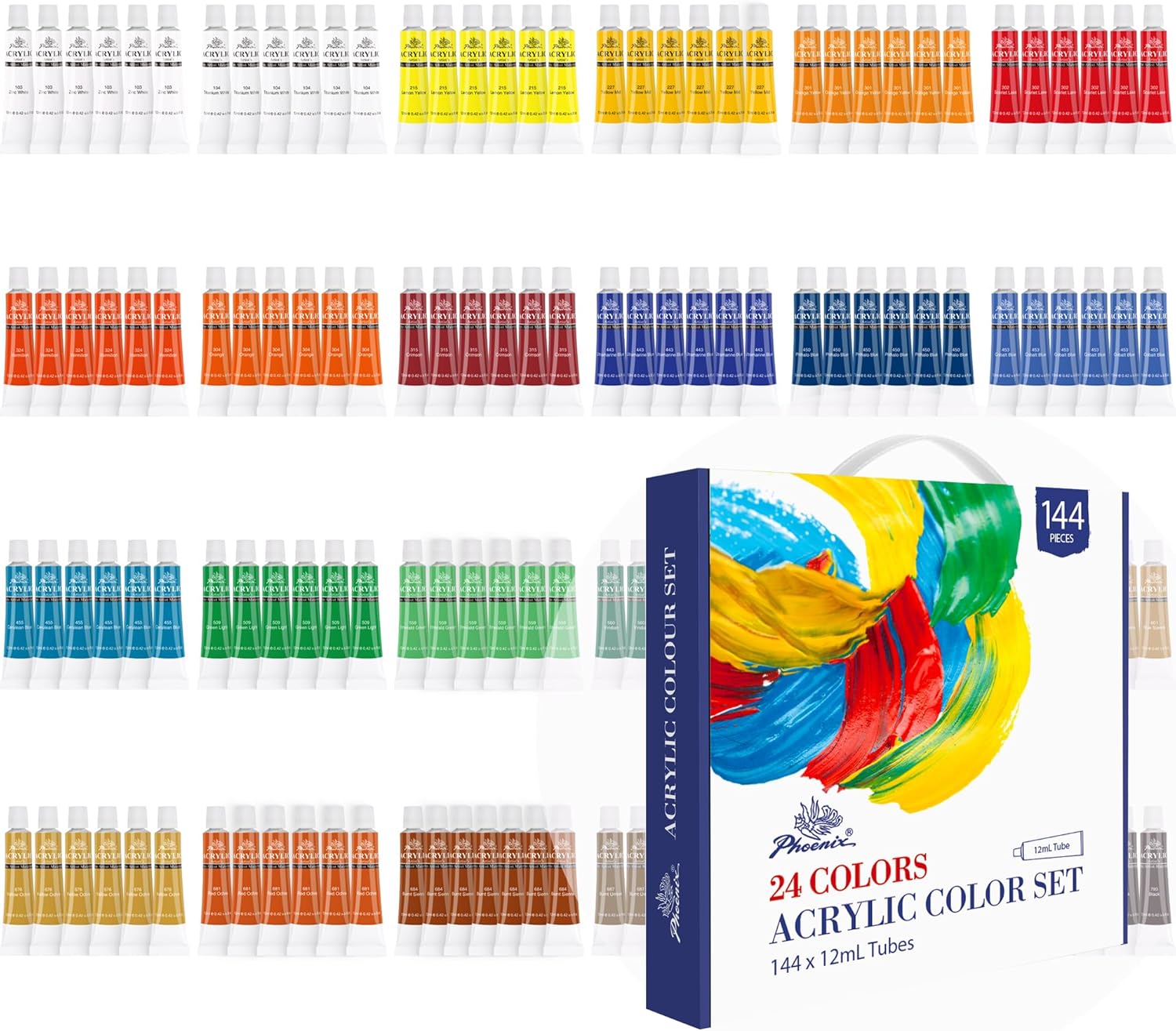PHOENIX Acrylic Paint Set, 144 x 12ml / 0.4 fl Oz. Tubes Holiday Gift Pack - 24 Colors, Bulk Set Non-Toxic Paint Party for Artists & Beginners 24 Colors x 6 Tubes Each