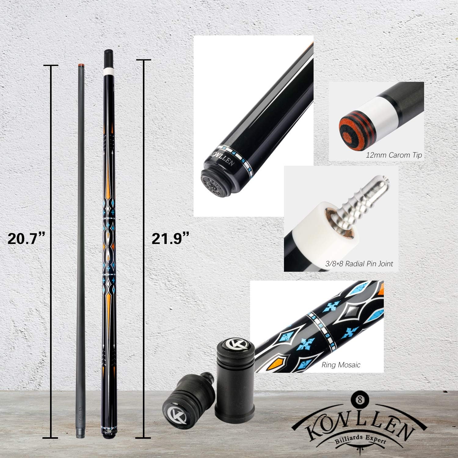 KONLLEN 3 Cushion Carom Cue Professional Carbon Fiber Pool Cue Stick Low Deflection 56-inch Radial Pin Joint Inlaid Ring with 12mm Tip for Adults