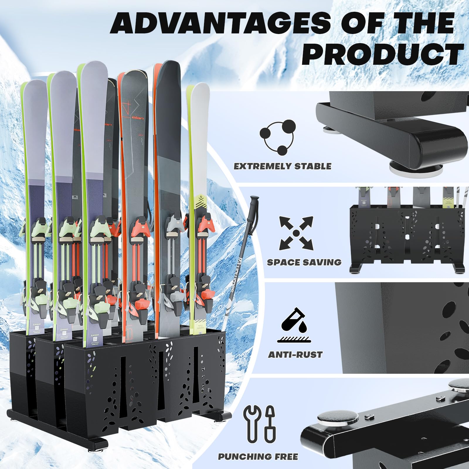 TOCRETOARE Ski Storage Rack Garage 8 Pairs Heavy Duty Steel