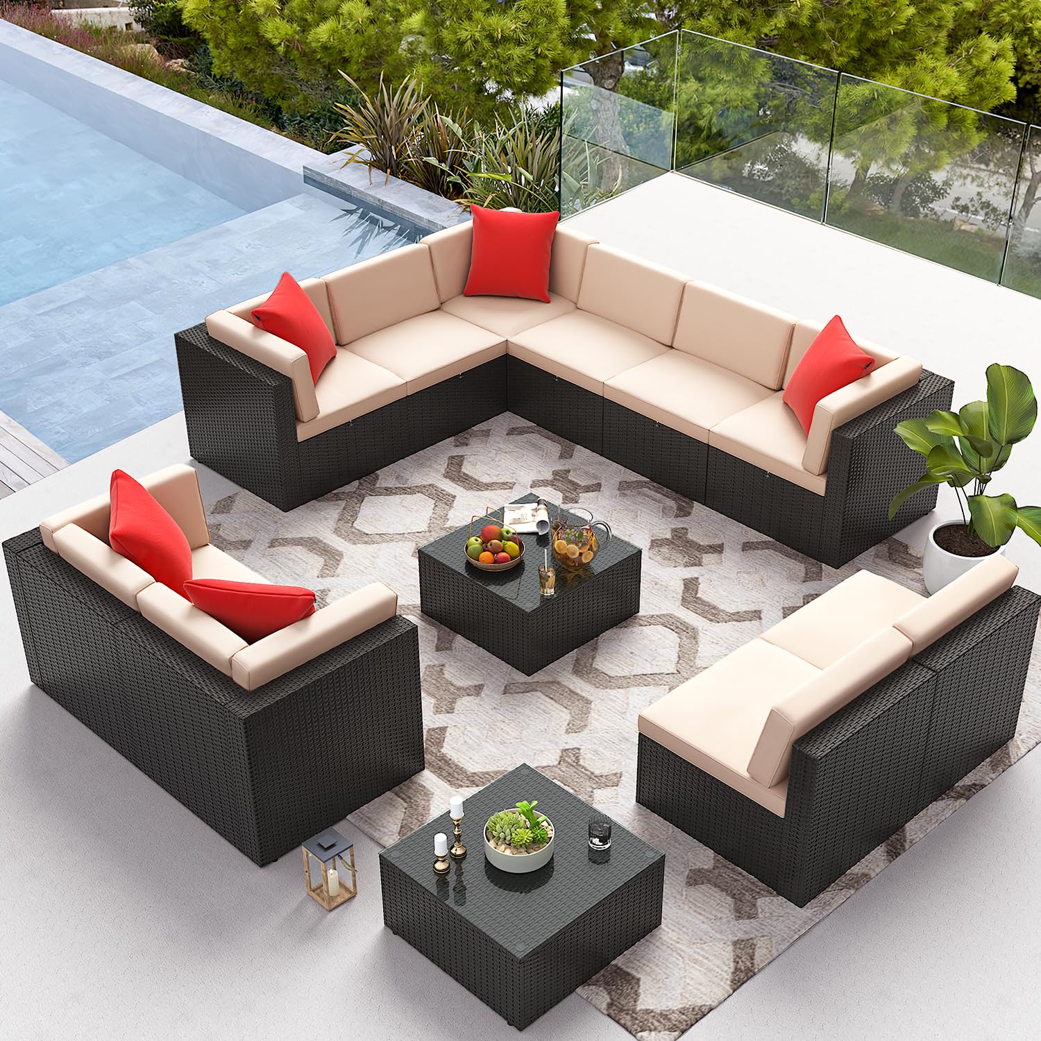 Greesum Patio Furniture Sets 12-Pieces Outdoor PE Rattan Sectional Sofa with Thickened Cushions and Glass Coffee Table, OneSize, Beige