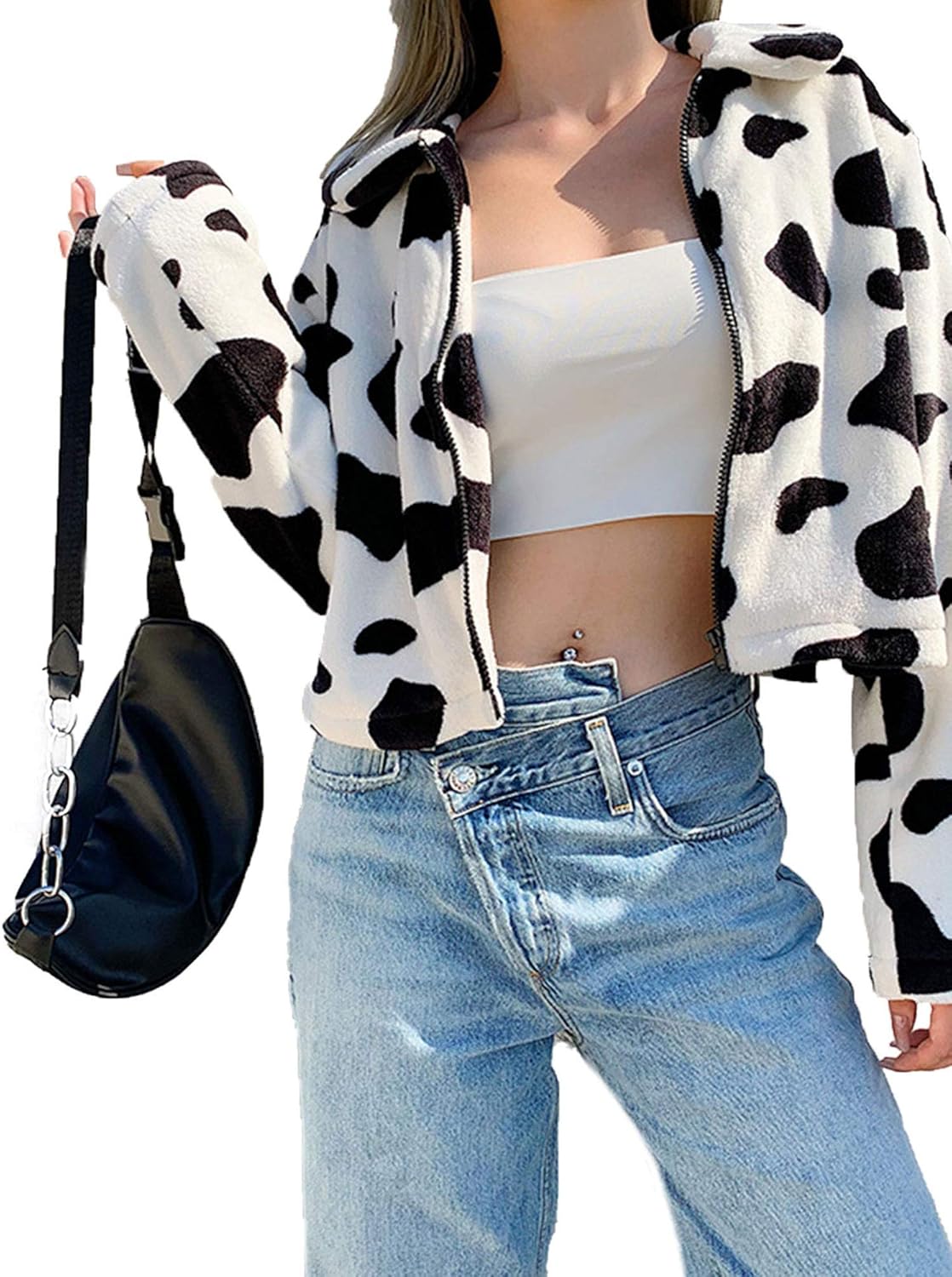 Women Cow Print Teddy Jacket Long Sleeve Fluffy Zipper Casual Short Fur