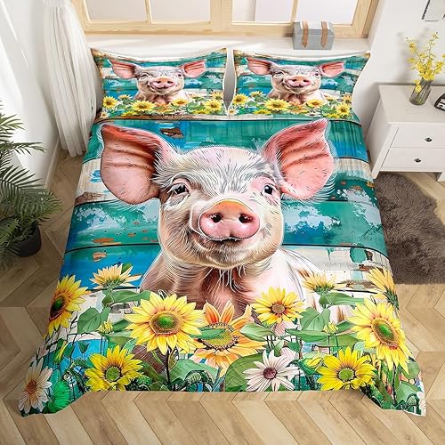 Miniatura 1 de Juego de funda de edredón de cerdo para niños y niñas, funda de edredón de animales de granja, funda de edredón de aves de girasol amarillo, juego