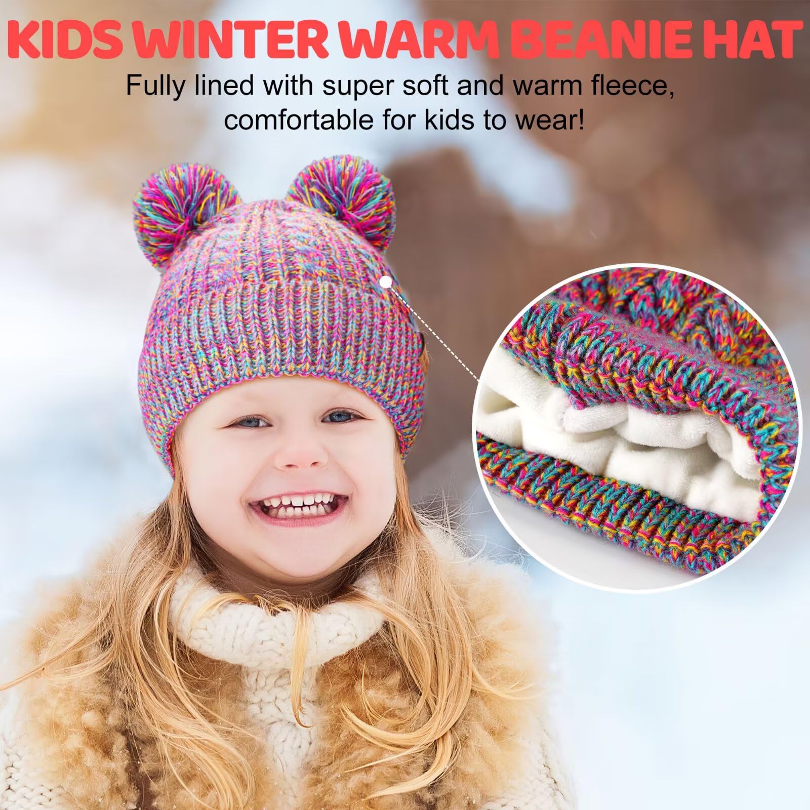 Gorro de invierno para niños pequeños, gorro con doble pompón y forro polar cálido, accesorios para niñas, gorro de punto