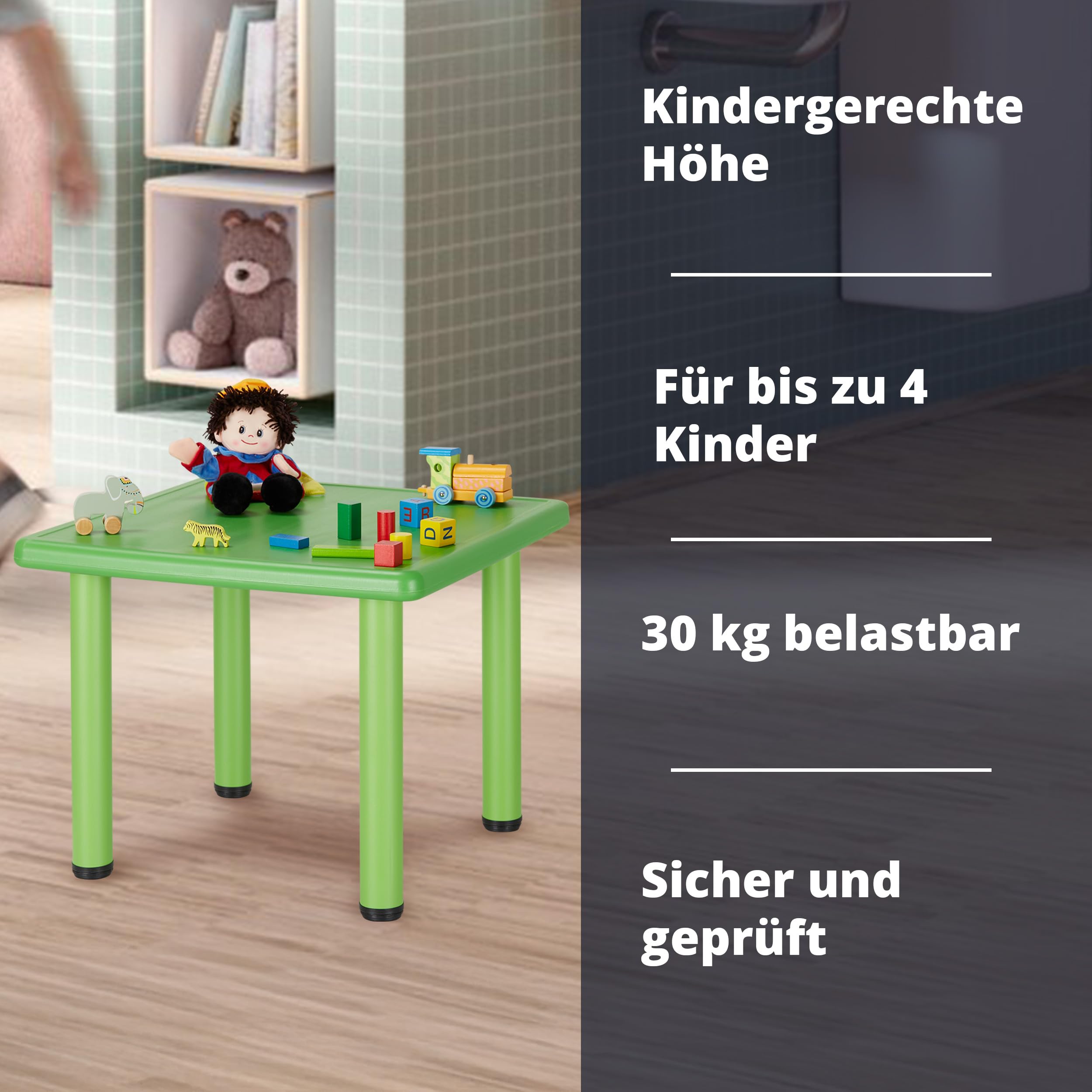 KHG Kindertisch Grün Sitzgruppe aus pflegeleichtem Kunststoff für Drinnen & Draußen, 30kg belastbar, sicher & geprüft 62x50x62 cm
