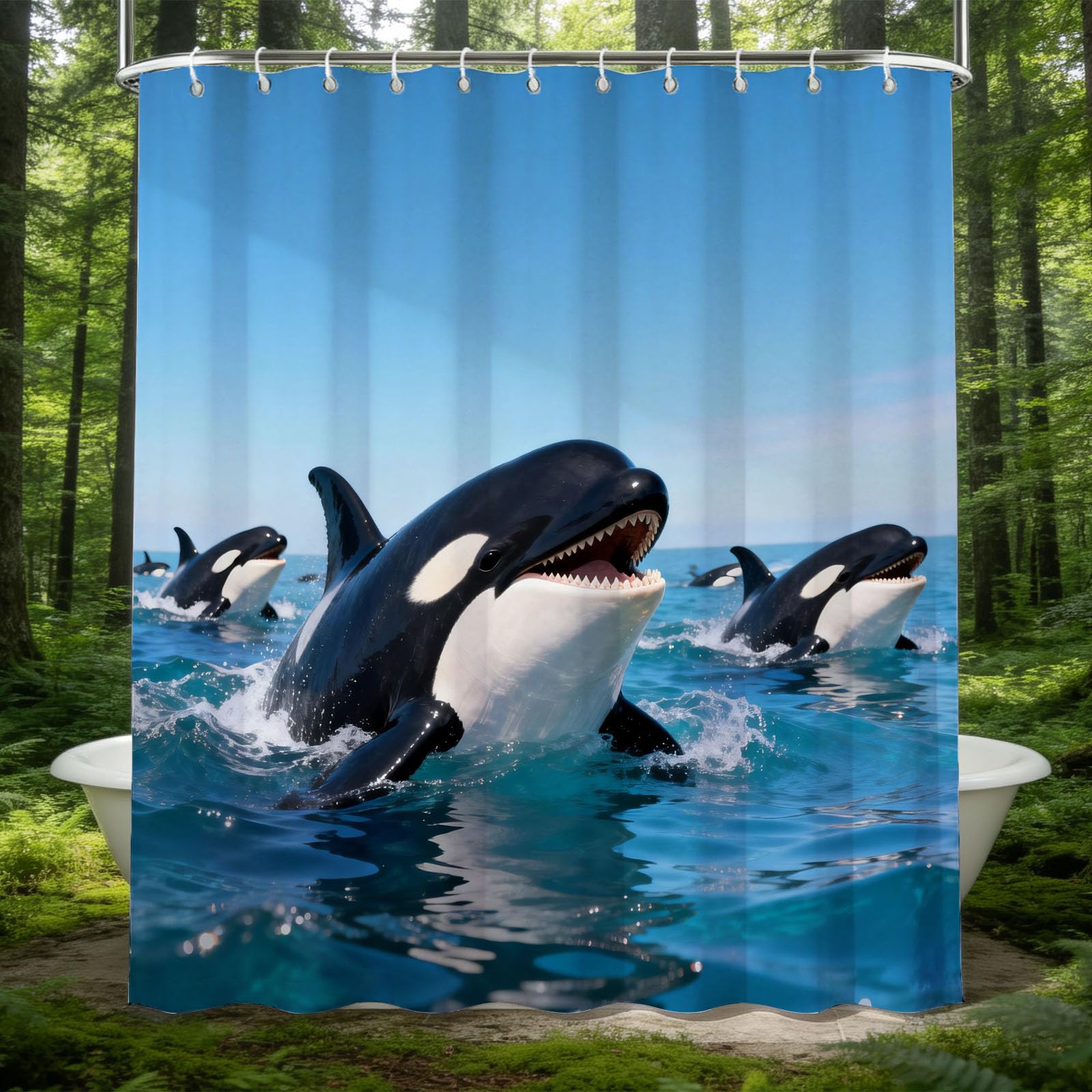 Hongduo 3D Orca Shower Curtain for Stalls Bathtubs Ocean Bathroom Decor Shower Curtain Set Polyester Fabric Waterproof 180x180cm/71X71 Inch with Hooks