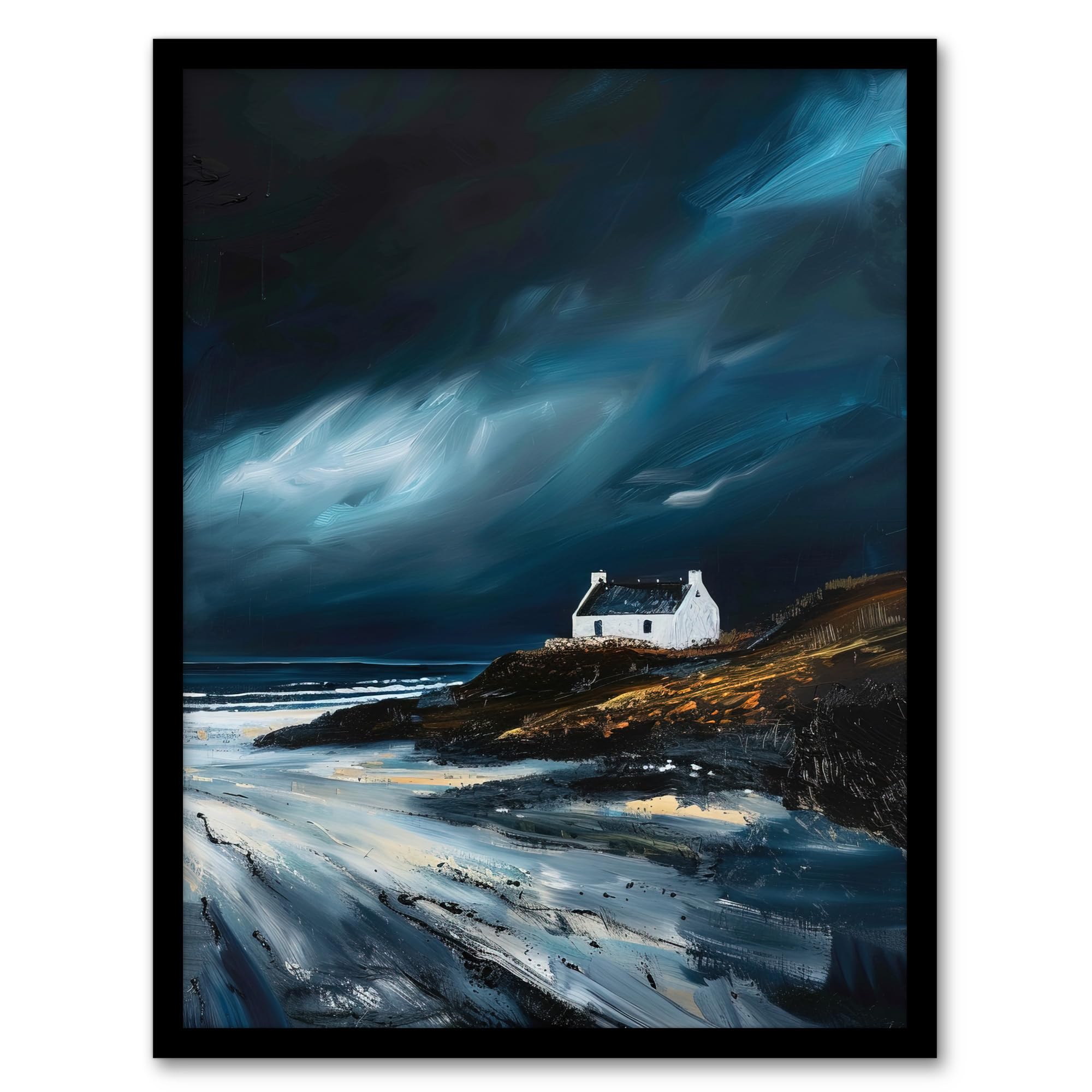 Artery8 Scottish Isle Cottage Oil Painting Stormy Coastal Living Room Artwork Framed Wall Art Print A4