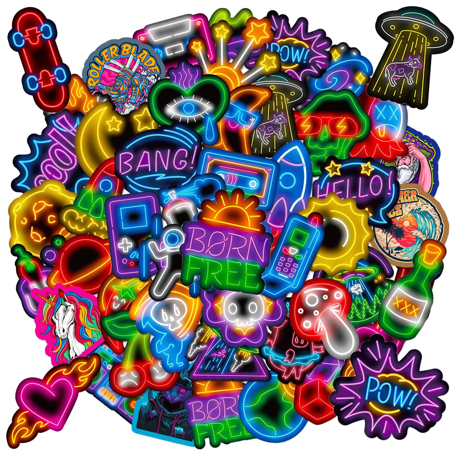 Vbvoo Multicolour Cool Graffiti Neon Stickers - 50Pcs Waterproof Polypropylene Graffiti Neon Decals - For Laptop Water Bottle Skateboard Luggage Guitar Phone Suitcase