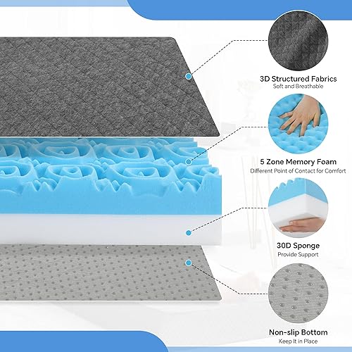 Miniatura 5 de HOMBYS Colchón triple de espuma viscoelástica de 5 zonas, colchón plegable de tamaño individual de 4 pulgadas con funda lavable, tapete portátil con