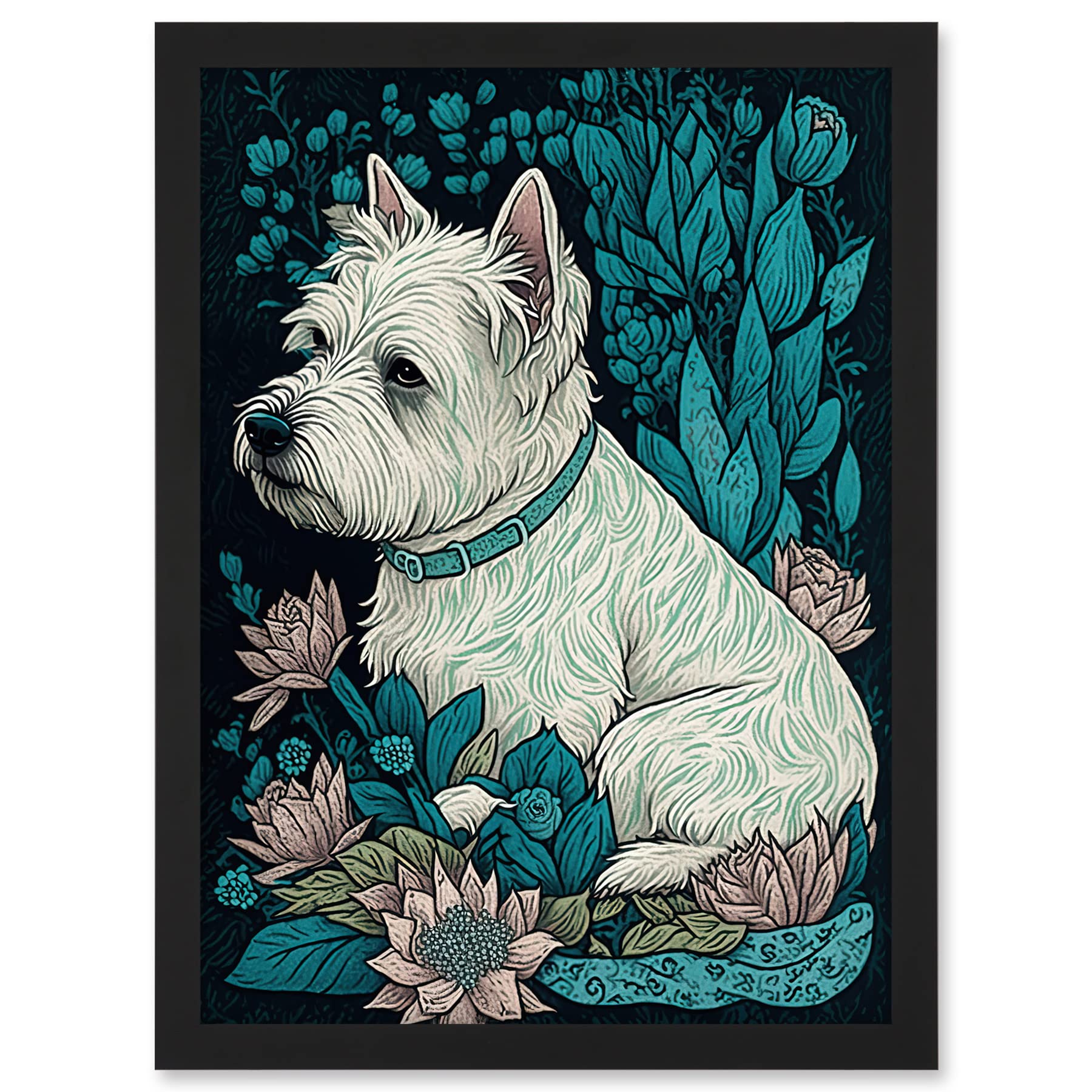 Artery8 West Highland White Terrier Sitting in Flower Field Modern Dark Illustration Artwork Framed A3 Wall Art Print