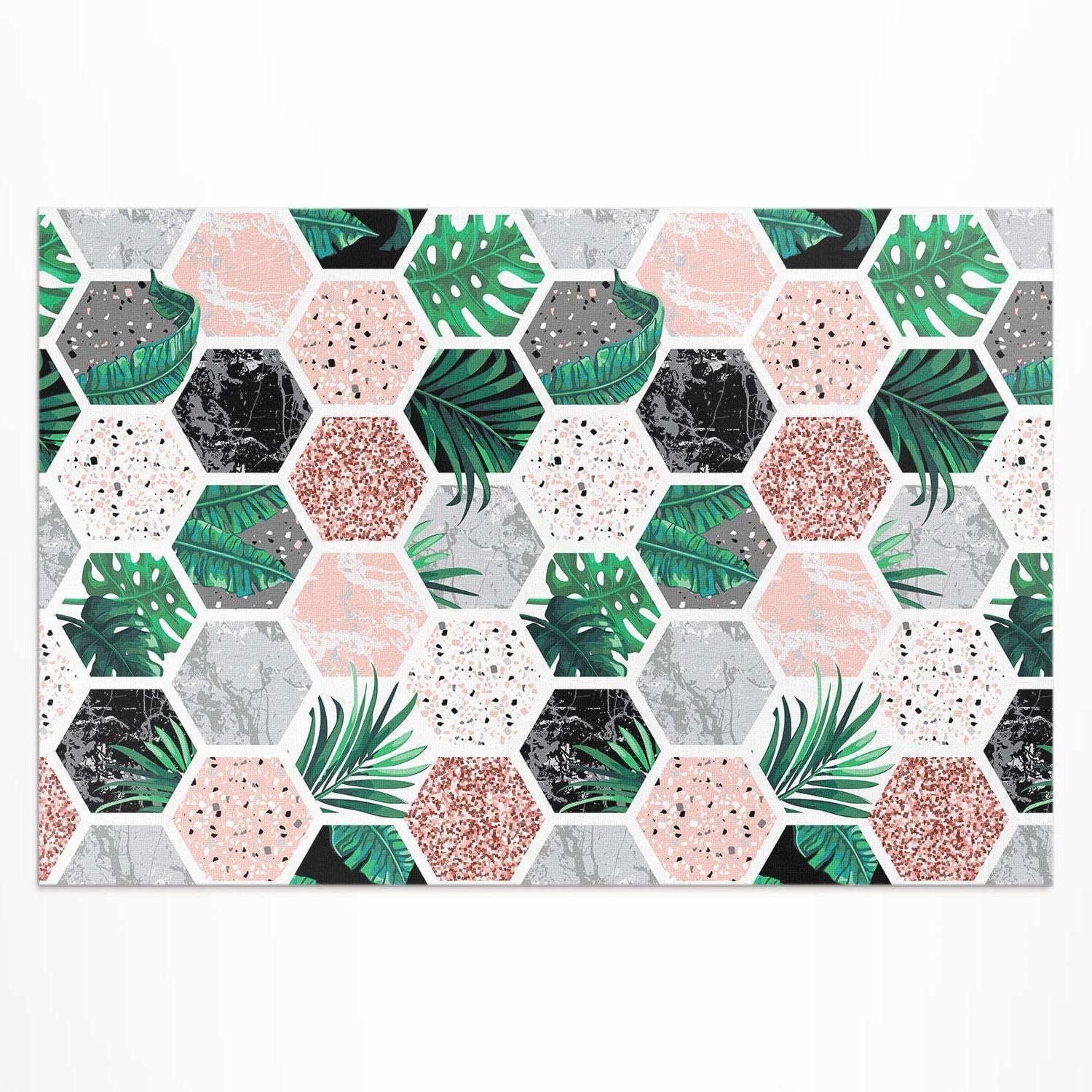 Tapis d'extérieur 100x150 cm en PVC motif hexagones tropicaux pour balcon